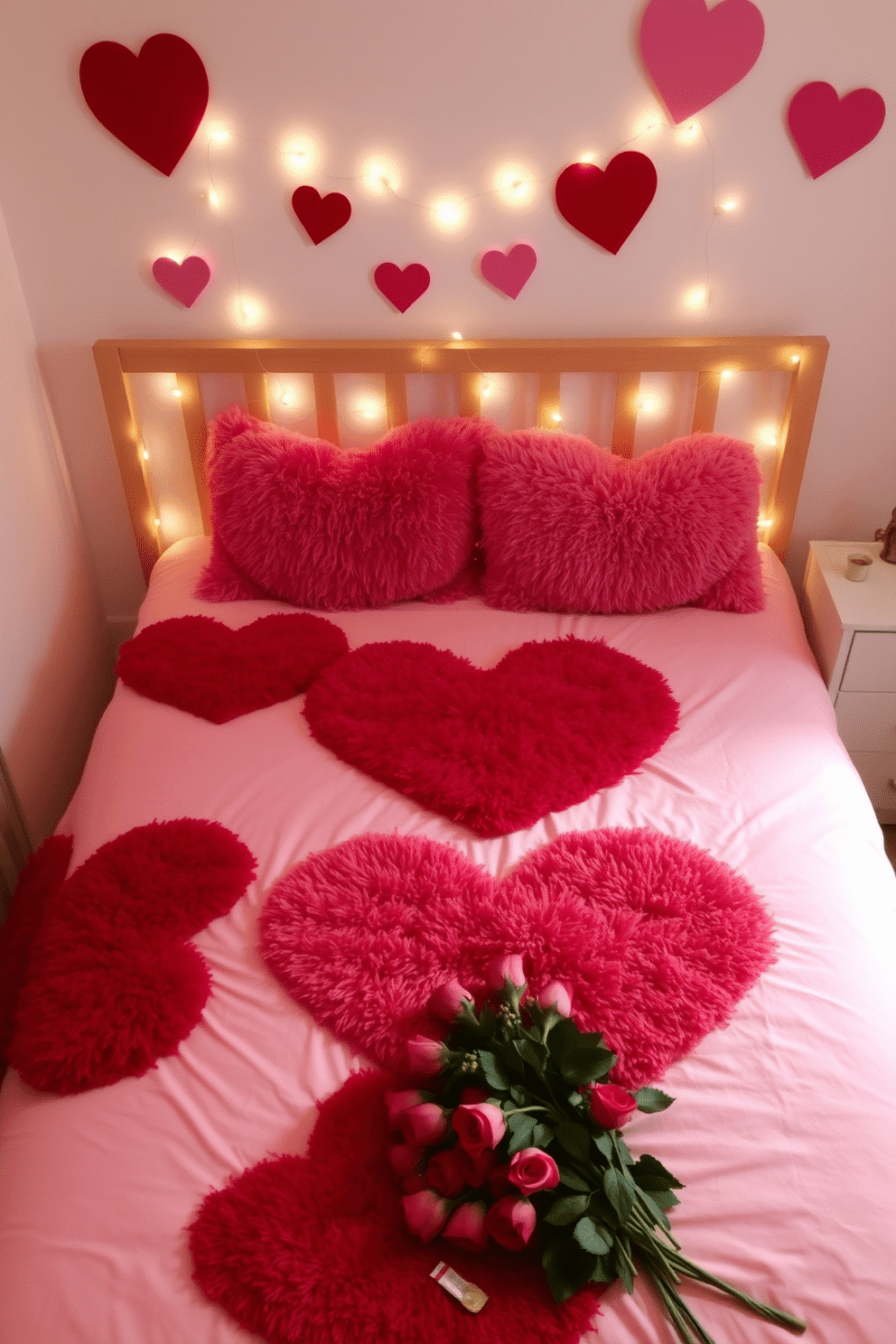 A cozy bedroom adorned with heart-shaped rugs in various shades of red and pink. The rugs are placed strategically around the bed, creating a warm and inviting atmosphere perfect for Valentine's Day. Soft fairy lights are draped across the headboard, casting a gentle glow throughout the room. A bouquet of fresh roses sits on the nightstand, complementing the romantic theme of the decor.