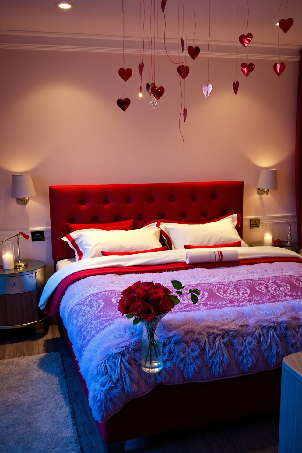 A cozy bedroom setting designed for a romantic Valentine's Day atmosphere. Soft, ambient lighting casts a warm glow over the room, where a plush, king-sized bed is adorned with luxurious red and white bedding. Delicate heart-shaped decorations hang from the ceiling, while scented candles flicker on the nightstands. A small bouquet of red roses sits in a crystal vase, adding a touch of elegance to the space.