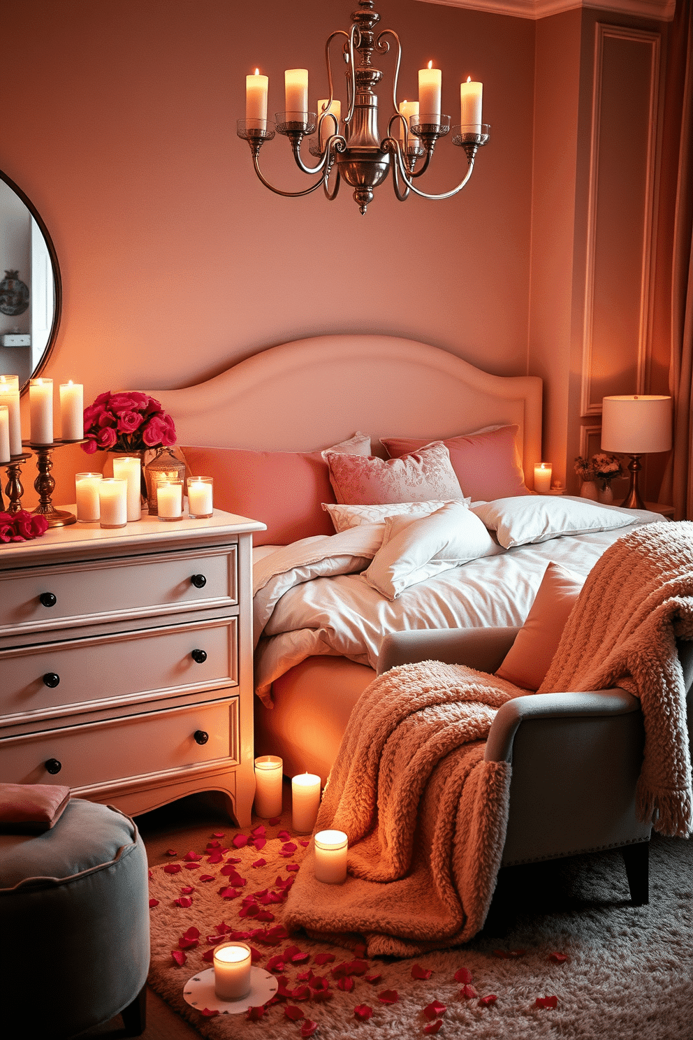 A romantic bedroom setting adorned for Valentine's Day. The dresser and nightstands are beautifully arranged with an array of candles in varying heights, casting a warm, inviting glow throughout the space. Soft, plush bedding in shades of blush and cream complements the decor, while delicate rose petals are scattered across the surfaces. A cozy armchair in the corner is draped with a luxurious throw, creating a perfect reading nook for a quiet evening.