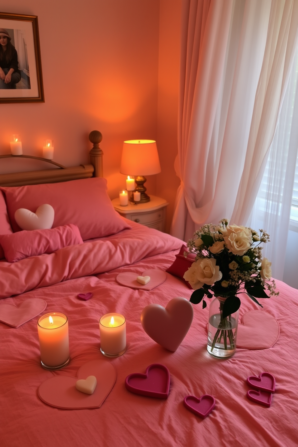 A cozy bedroom setting adorned with scented candles in various sizes, creating a warm and inviting ambiance. Soft, romantic lighting enhances the atmosphere, while plush bedding in shades of pink and red adds a festive touch for Valentine's Day. Delicate heart-shaped decorations are scattered across the dresser and bedside tables, complementing the overall theme. Fresh flowers in a vase bring a touch of nature indoors, completing the romantic décor for a perfect Valentine's retreat.