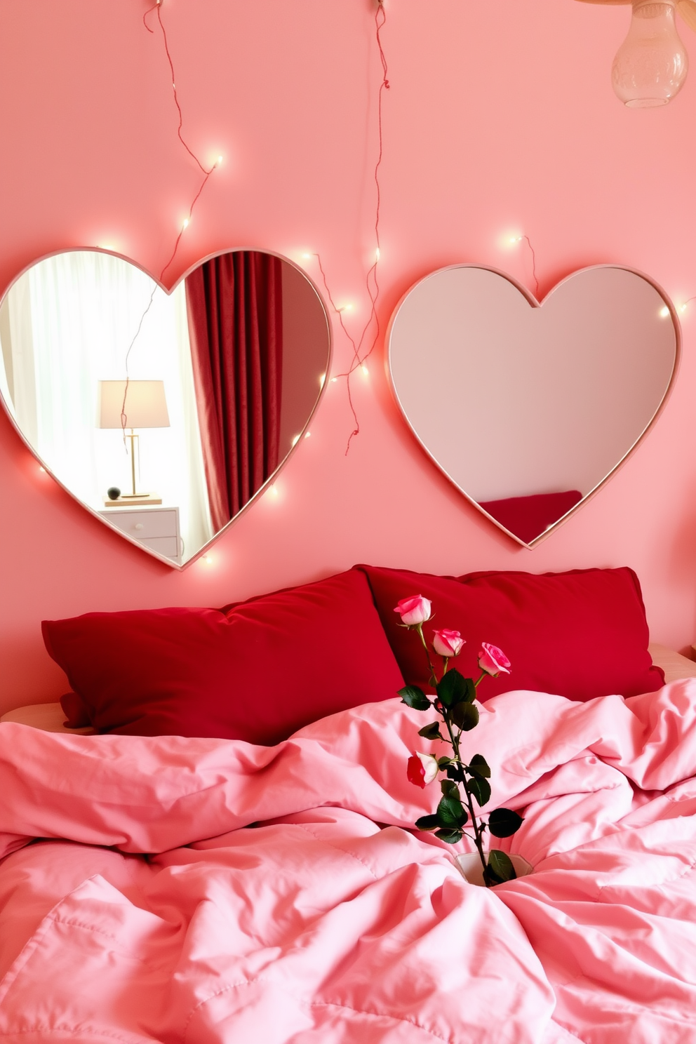 A cozy bedroom adorned with heart-shaped mirrors that reflect soft, ambient lighting. The walls are painted in a gentle blush hue, and plush bedding in shades of red and pink creates a romantic atmosphere. Delicate string lights are draped around the mirrors, adding a whimsical touch to the decor. A small vase of fresh roses sits on the nightstand, complementing the Valentine's Day theme with elegance.