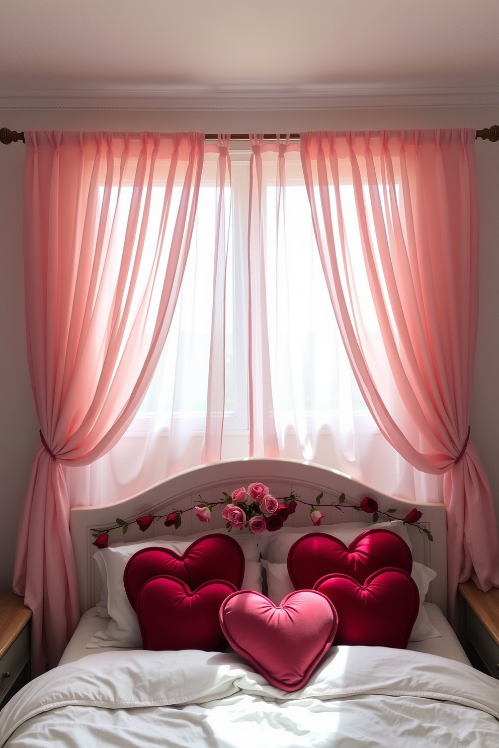 A cozy bedroom adorned with romantic curtains that gently drape from a wooden rod. The curtains are made of sheer, soft fabric in a blush pink hue, allowing soft light to filter through, creating an intimate atmosphere. The bed is dressed in luxurious white linens with an array of heart-shaped pillows in shades of red and pink. A delicate garland of faux roses is draped across the headboard, adding a charming touch for Valentine's Day.