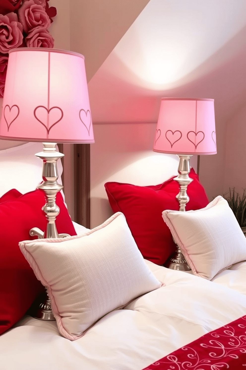 A cozy bedroom adorned for Valentine's Day features two elegant table lamps, each with a soft pink shade and intricate heart patterns. The lamps sit on either side of a plush bed dressed in white linens, accented with red and pink throw pillows, creating a romantic atmosphere.