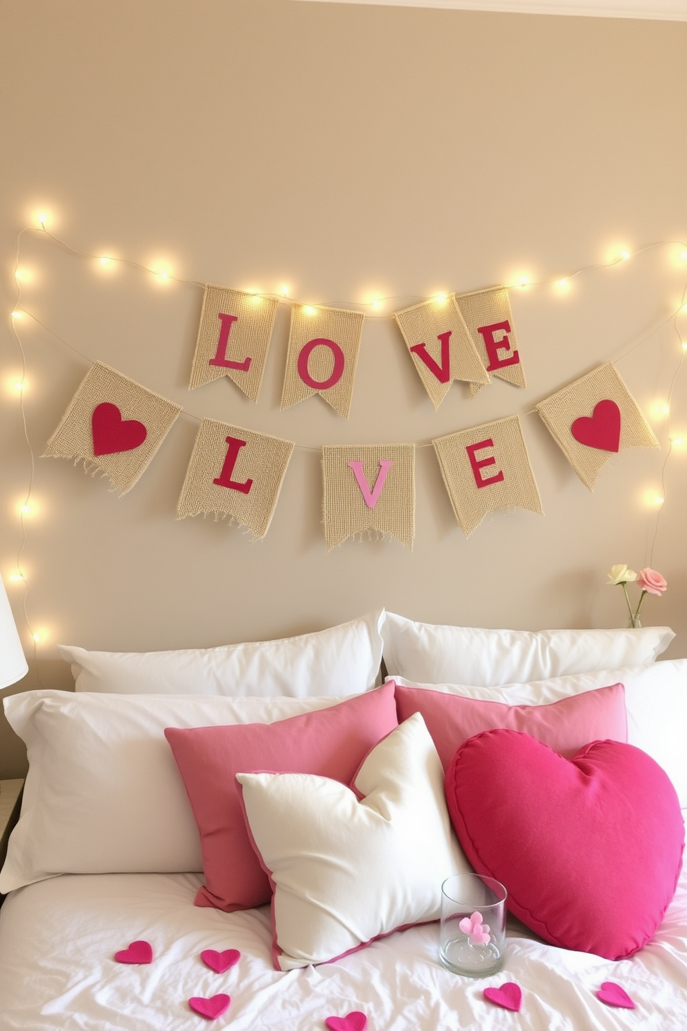 A charming DIY love banner hangs across the wall, crafted from natural burlap and adorned with hand-painted red and pink letters. Delicate string lights twinkle around the banner, creating a warm and inviting ambiance perfect for a romantic bedroom setting. The bedroom is tastefully decorated with soft, plush pillows in shades of pink and white scattered across the bed. Heart-shaped accents and subtle floral arrangements enhance the Valentine's Day theme, making the space feel cozy and festive.