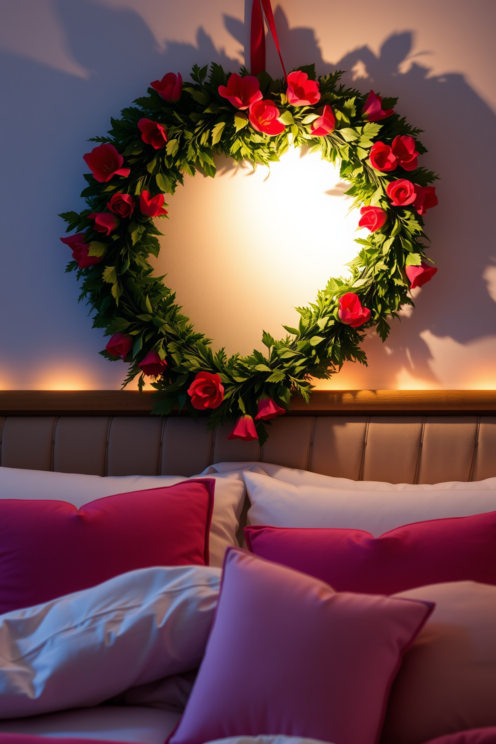 A cozy bedroom adorned for Valentine's Day features a heart-shaped wreath made of lush greenery and vibrant red flowers, gracefully hung above the headboard. Soft, ambient lighting casts a warm glow, enhancing the romantic atmosphere, while plush pillows in shades of pink and red invite relaxation on the bed.