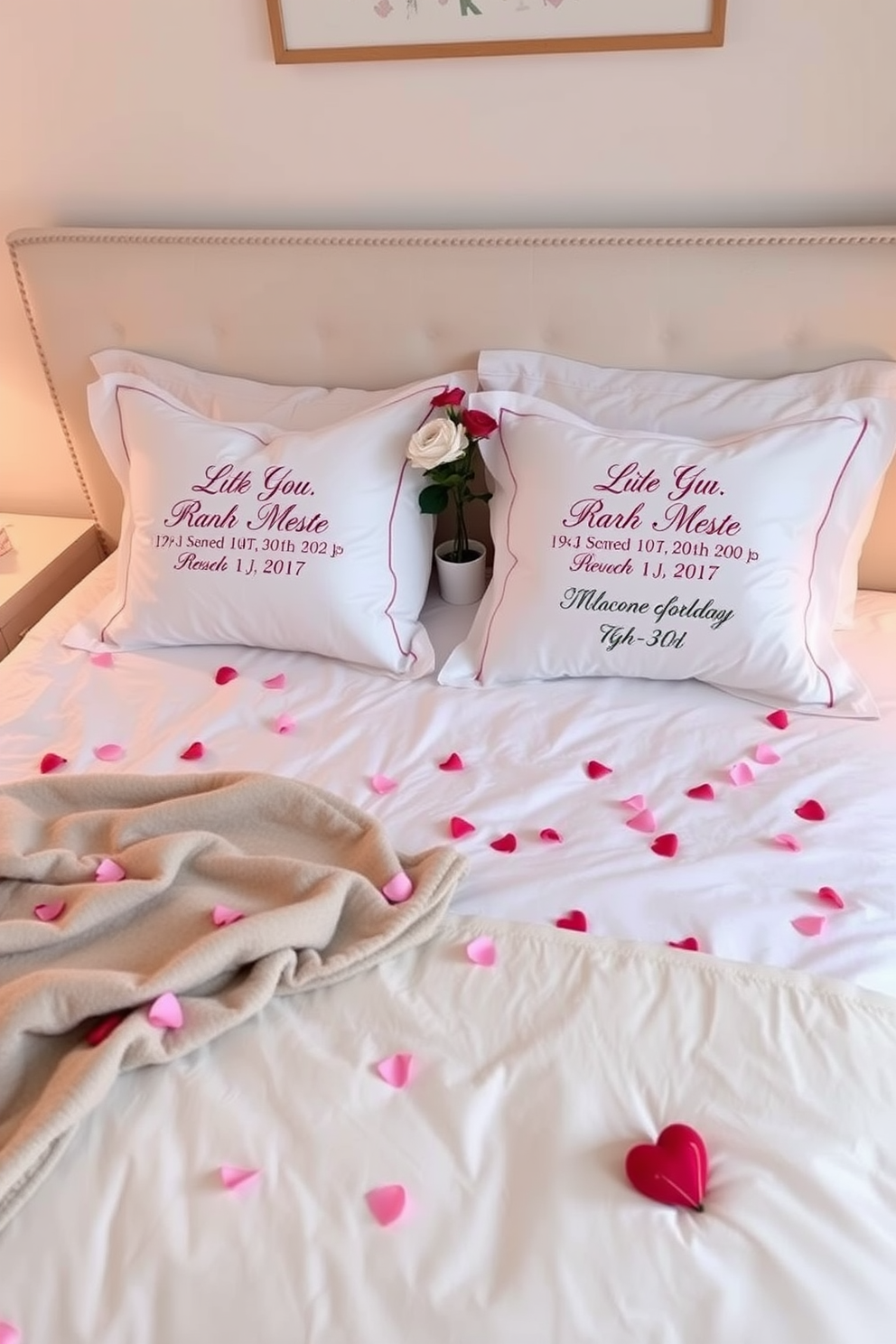 Personalized pillowcases featuring intricate embroidery of names and meaningful dates are arranged on a plush, inviting bed. The bedding is complemented by soft, neutral tones and a cozy throw blanket draped casually across the foot of the bed. For Valentine's Day, the bedroom is adorned with romantic touches like heart-shaped decor and soft, ambient lighting. Delicate rose petals scatter across the nightstands, and a small vase of fresh flowers adds a pop of color to the serene atmosphere.