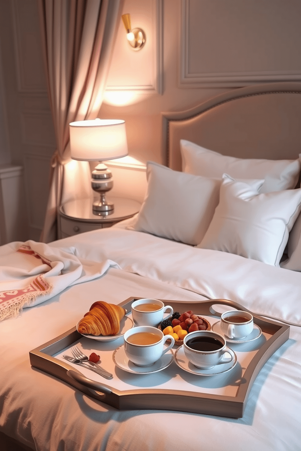 A cozy bedroom adorned with soft, pastel colors creates an inviting atmosphere for a romantic breakfast in bed. A plush, king-sized bed is dressed in luxurious white linens, accented with fluffy pillows and a delicate throw blanket. On the bedside table, a tray holds a gourmet breakfast spread, featuring fresh croissants, seasonal fruits, and steaming coffee in elegant porcelain cups. Soft, ambient lighting from a stylish lamp casts a warm glow, enhancing the intimate setting perfect for a Valentine's Day celebration.