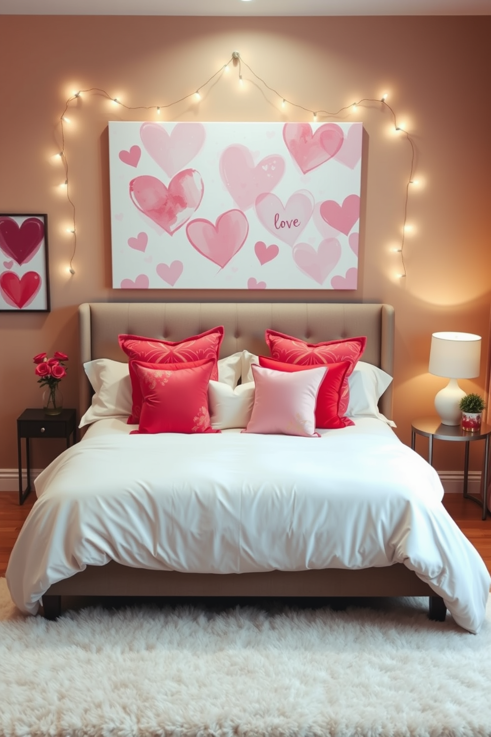 A cozy bedroom adorned with love-themed wall art, featuring a large canvas print that showcases abstract heart designs in soft pastel colors. The walls are painted a warm beige, and the bed is dressed in luxurious white linens with a collection of plush pink and red throw pillows. Delicate fairy lights are draped above the bed, creating a romantic ambiance, while a small side table holds a vase of fresh roses. A plush area rug in a light hue anchors the space, adding warmth and comfort for a perfect Valentine's Day retreat.