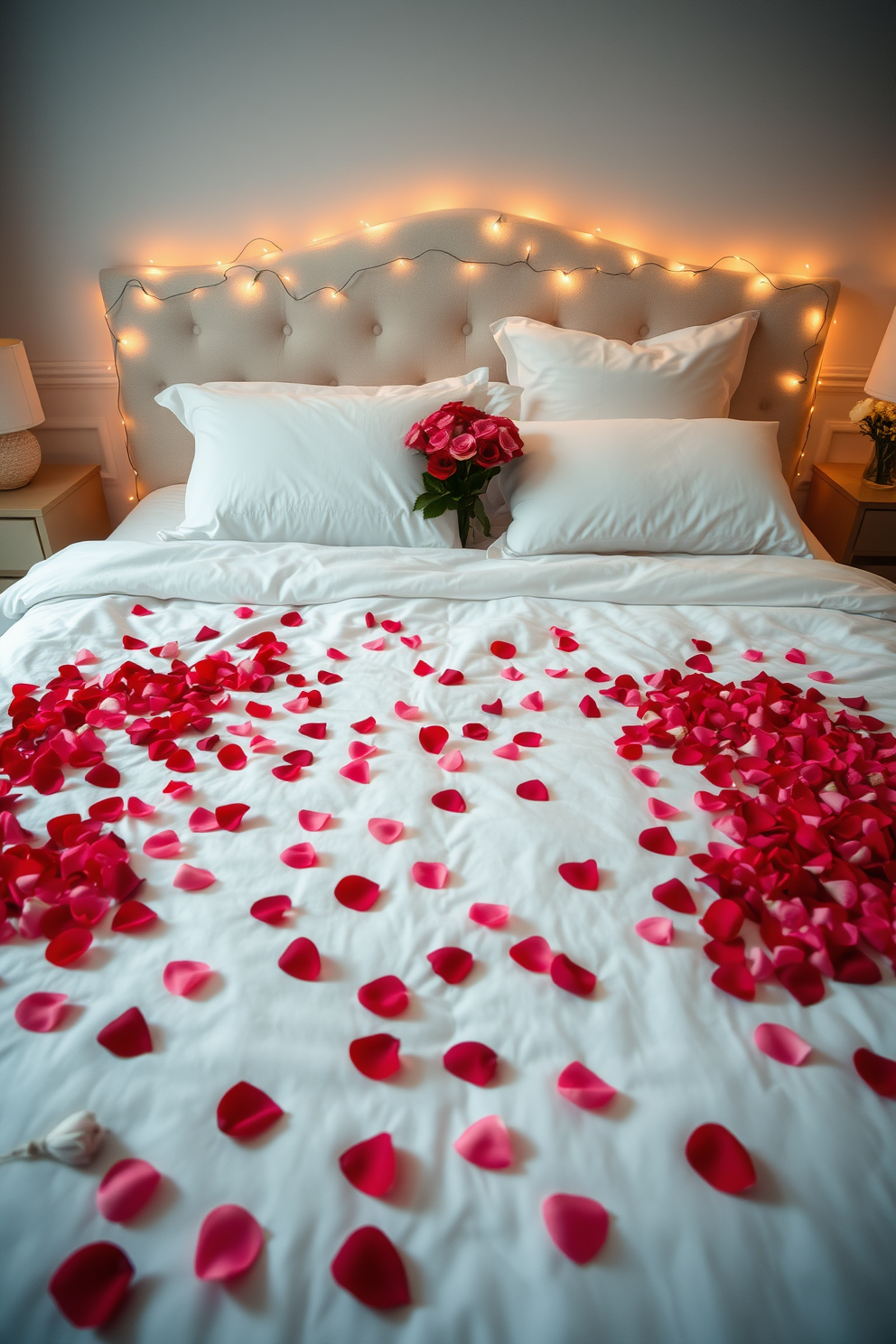 A romantic bedroom setting for Valentine's Day, featuring a plush bed adorned with soft white linens. Scattered rose petals in various shades of red and pink create a lush, inviting atmosphere across the bedspread. Delicate fairy lights are draped around the headboard, casting a warm, soft glow throughout the room. A small vase of fresh roses sits on the nightstand, complementing the overall romantic theme.