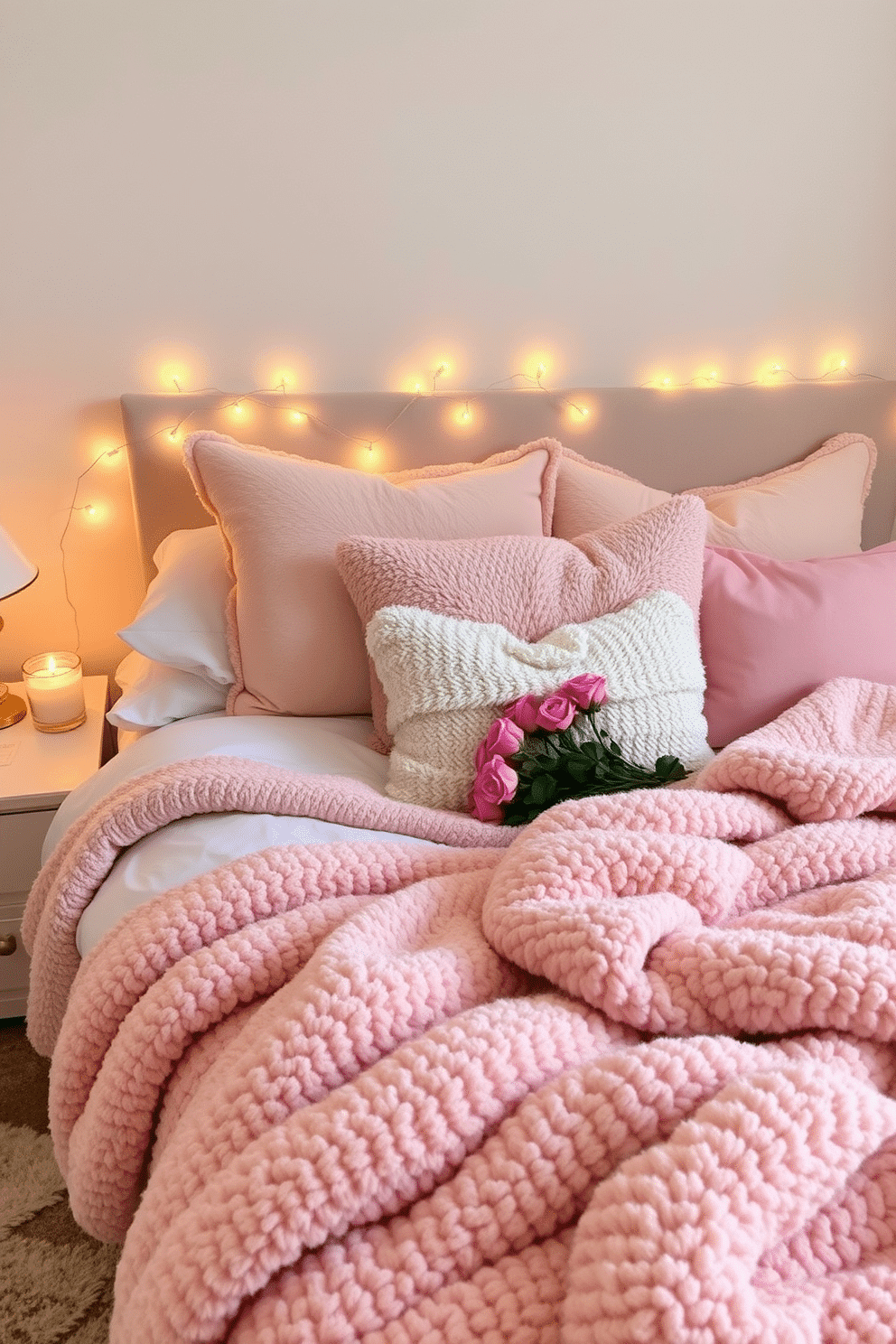 A cozy bedroom adorned with soft, plush blankets in shades of blush and cream. The bed is beautifully made with layers of textured throws and decorative pillows, creating an inviting and romantic atmosphere for Valentine's Day. Delicate fairy lights are draped along the headboard, casting a warm and gentle glow throughout the room. On the nightstand, a small bouquet of fresh roses sits beside a scented candle, enhancing the romantic vibe of the space.