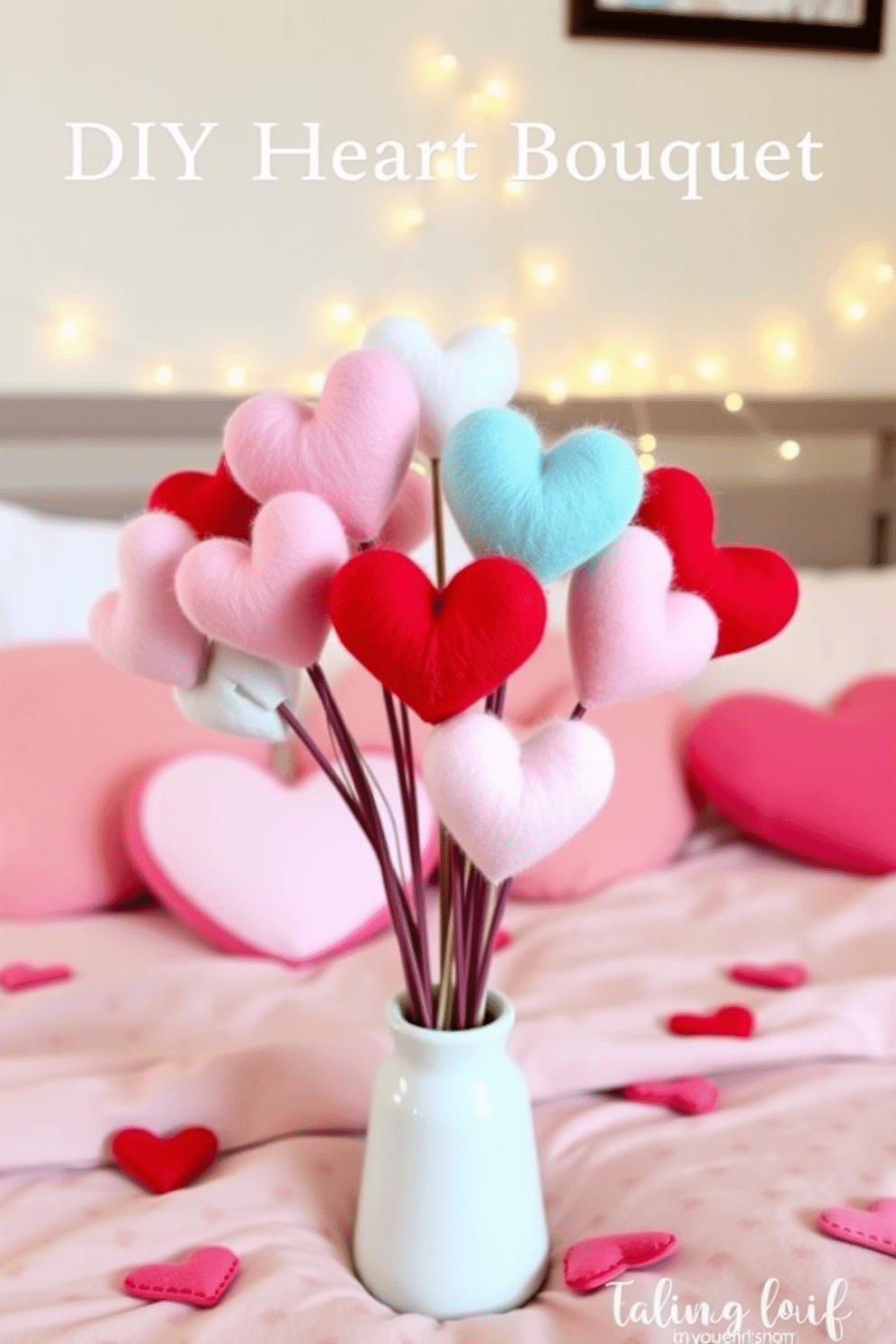 A charming DIY puff heart bouquet made from pastel-colored felt, arranged in a simple ceramic vase. The bouquet features soft, fluffy hearts in varying sizes, adding a whimsical touch to the room. For Valentine's Day, the bedroom is adorned with delicate string lights draped across the headboard, casting a warm glow. Heart-shaped pillows in shades of pink and red are scattered on the bed, creating a cozy and romantic atmosphere.