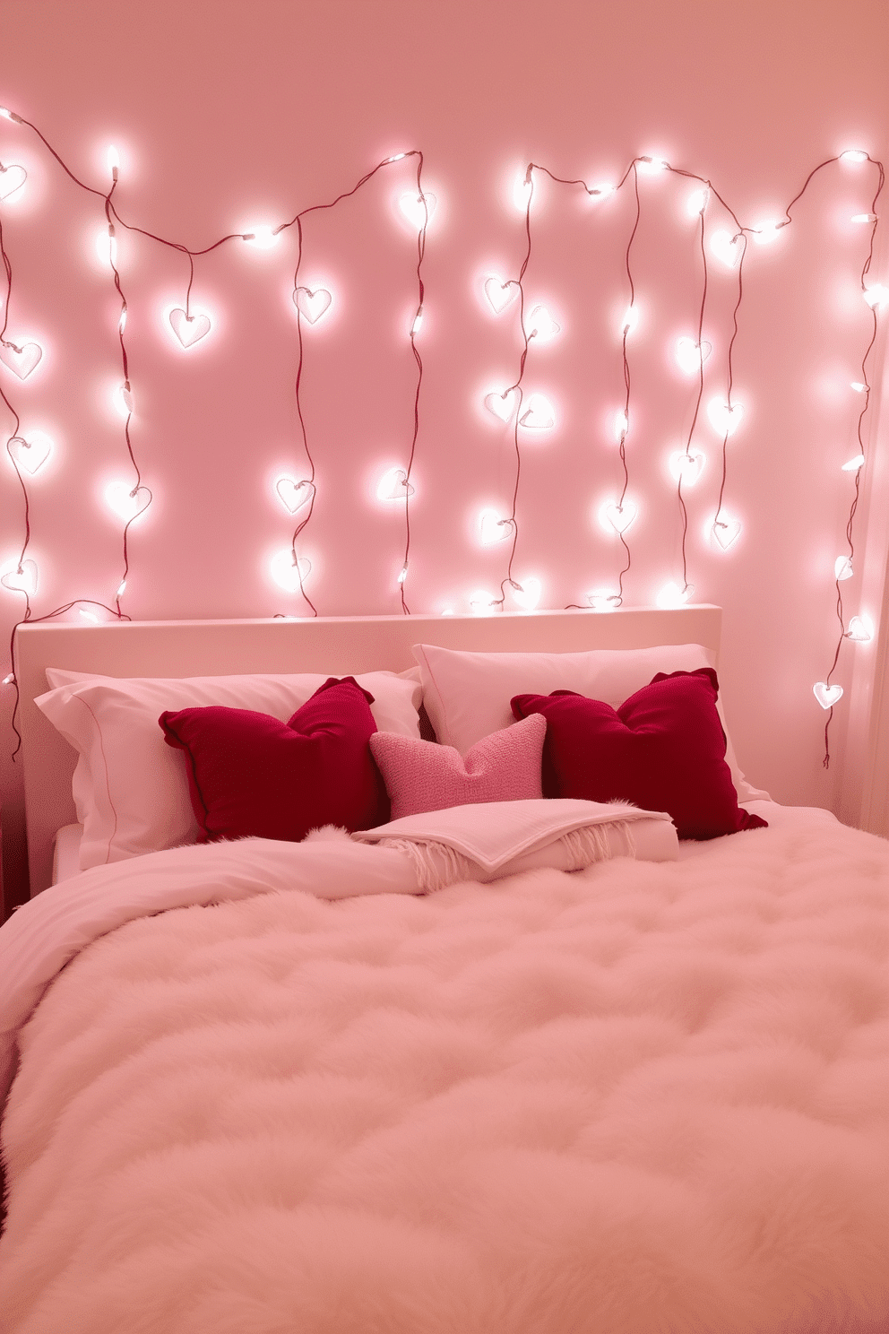 A cozy bedroom adorned with heart-shaped string lights that twinkle softly against a backdrop of pastel-colored walls. The bed is dressed in plush white linens, accented with red and pink throw pillows, creating a romantic atmosphere perfect for Valentine's Day.