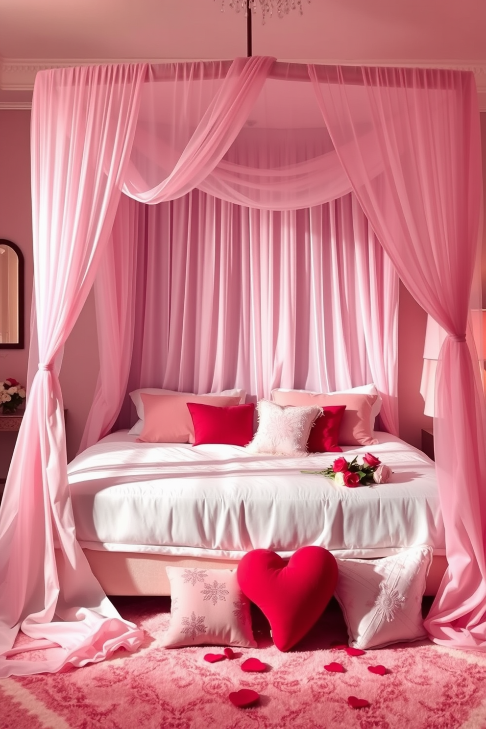 A romantic bedroom setting features a luxurious canopy bed draped with sheer, flowing fabric that gently cascades down to the floor. Soft, ambient lighting creates a warm glow, enhancing the delicate pink and white color palette throughout the room. Decorative pillows in various textures and shades of red and blush are arranged on the bed, inviting relaxation. Heart-shaped accents and fresh flowers are strategically placed to evoke a charming Valentine's Day atmosphere.