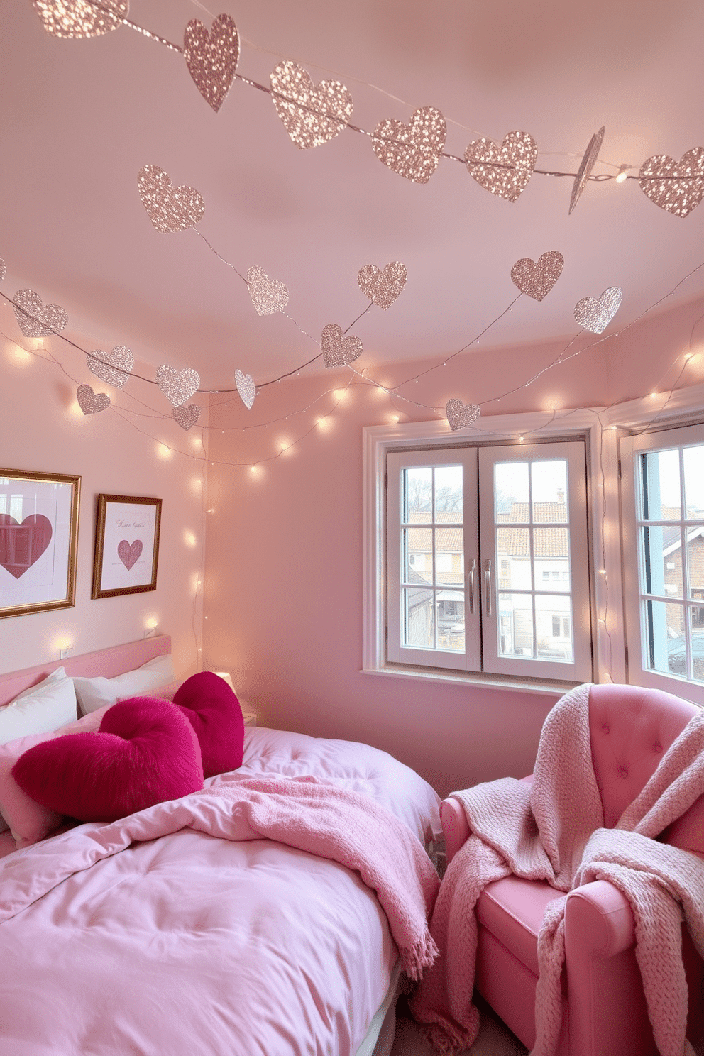 A whimsical bedroom adorned with glittery heart garlands strung across the ceiling, casting a soft shimmer throughout the space. The bed is dressed in plush pink and white linens, with heart-shaped pillows adding a festive touch. On the walls, framed romantic artwork complements the Valentine's Day theme, while fairy lights twinkle around the windows. A cozy reading nook features a pink armchair draped with a soft throw, inviting relaxation and warmth.