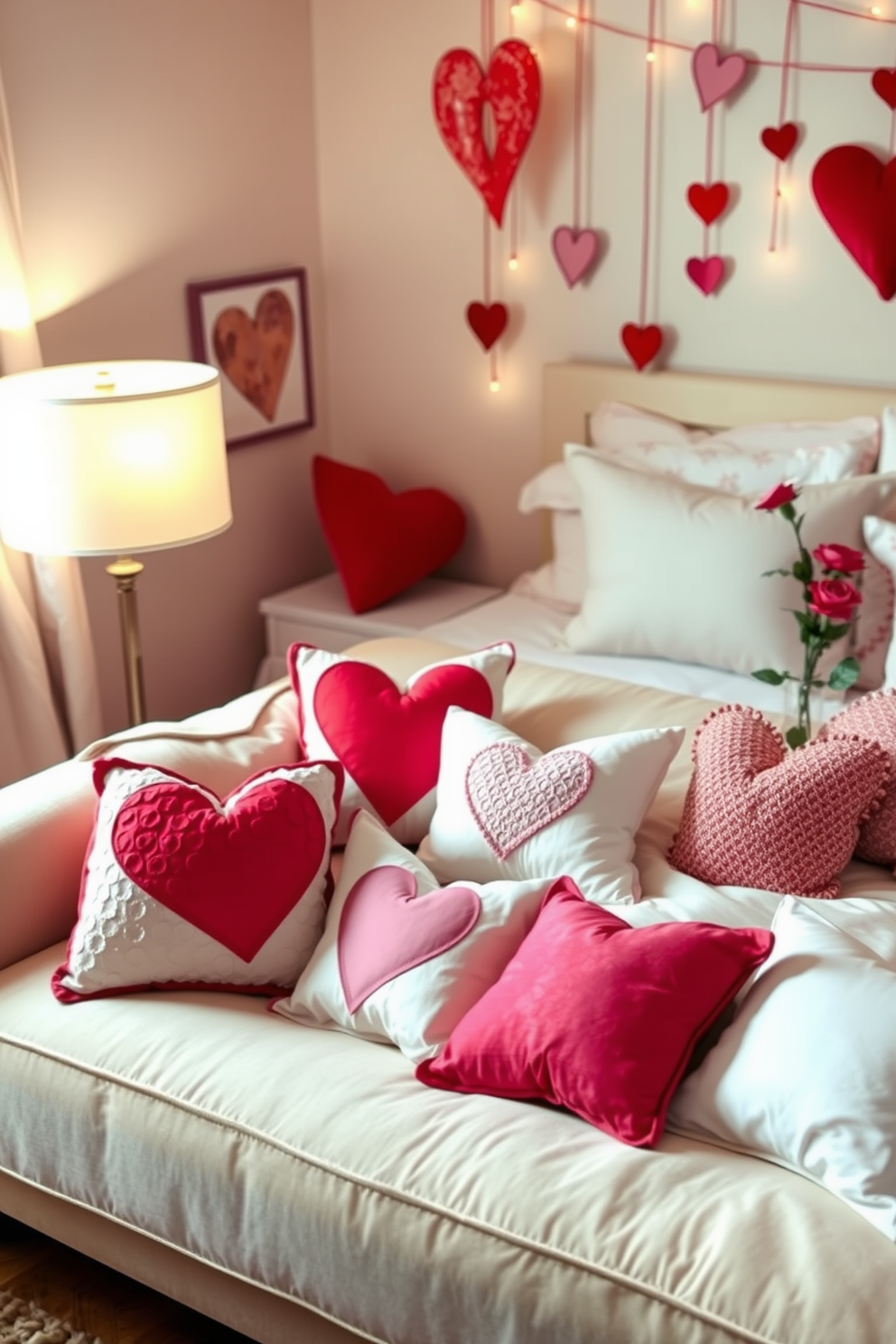 Valentine-themed throw pillows are scattered across a plush, cream-colored sofa, each adorned with heart motifs in shades of red and pink. Soft ambient lighting from a nearby lamp casts a warm glow, enhancing the cozy atmosphere of the room. In the bedroom, a romantic setup features a beautifully made bed with a delicate white duvet and an array of Valentine-themed pillows in varying textures. Heart-shaped decorations hang from the walls, and a small vase of fresh red roses sits on the nightstand, completing the charming Valentine's Day decor.