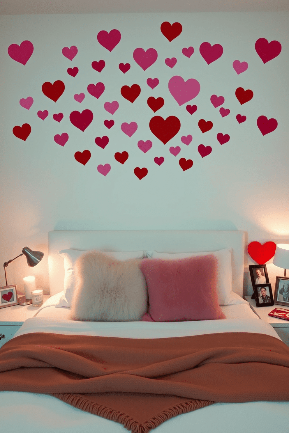 A cozy bedroom adorned with heart-shaped wall decals in various shades of pink and red. The decals are arranged in a playful pattern above a plush, white bed dressed with soft, fluffy pillows and a warm throw blanket. On the nightstands, small decorative items like candles and framed photos complement the romantic theme. Soft, ambient lighting creates an inviting atmosphere, perfect for celebrating Valentine's Day.