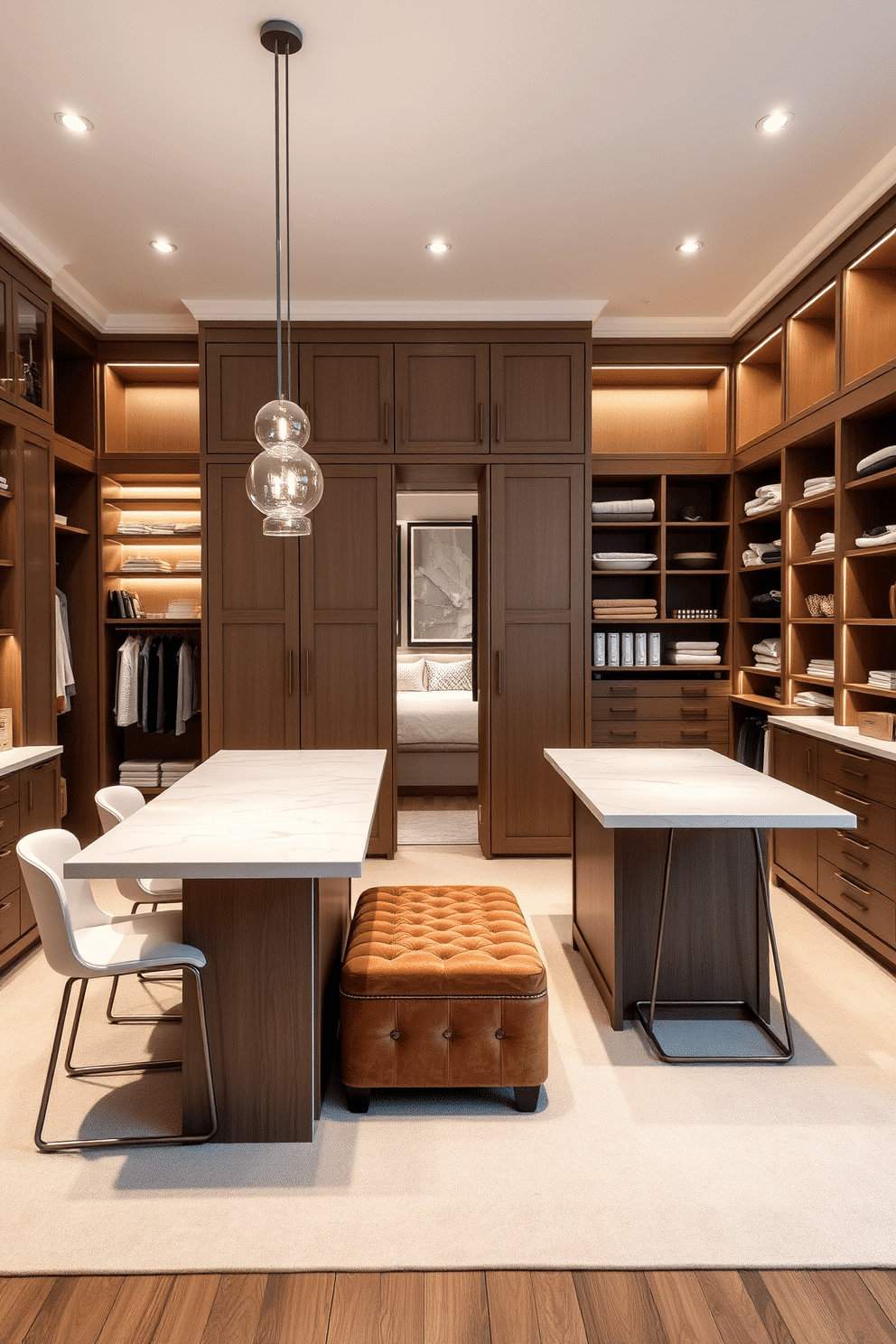 A spacious kitchen island features a sleek quartz countertop, surrounded by stylish bar stools in a modern design. The island is complemented by pendant lighting overhead, creating an inviting space for both cooking and socializing. The bedroom walk-in closet is designed with custom shelving and drawers, providing ample storage for clothing and accessories. Soft, ambient lighting enhances the luxurious feel, while a plush ottoman in the center adds a touch of comfort and style.