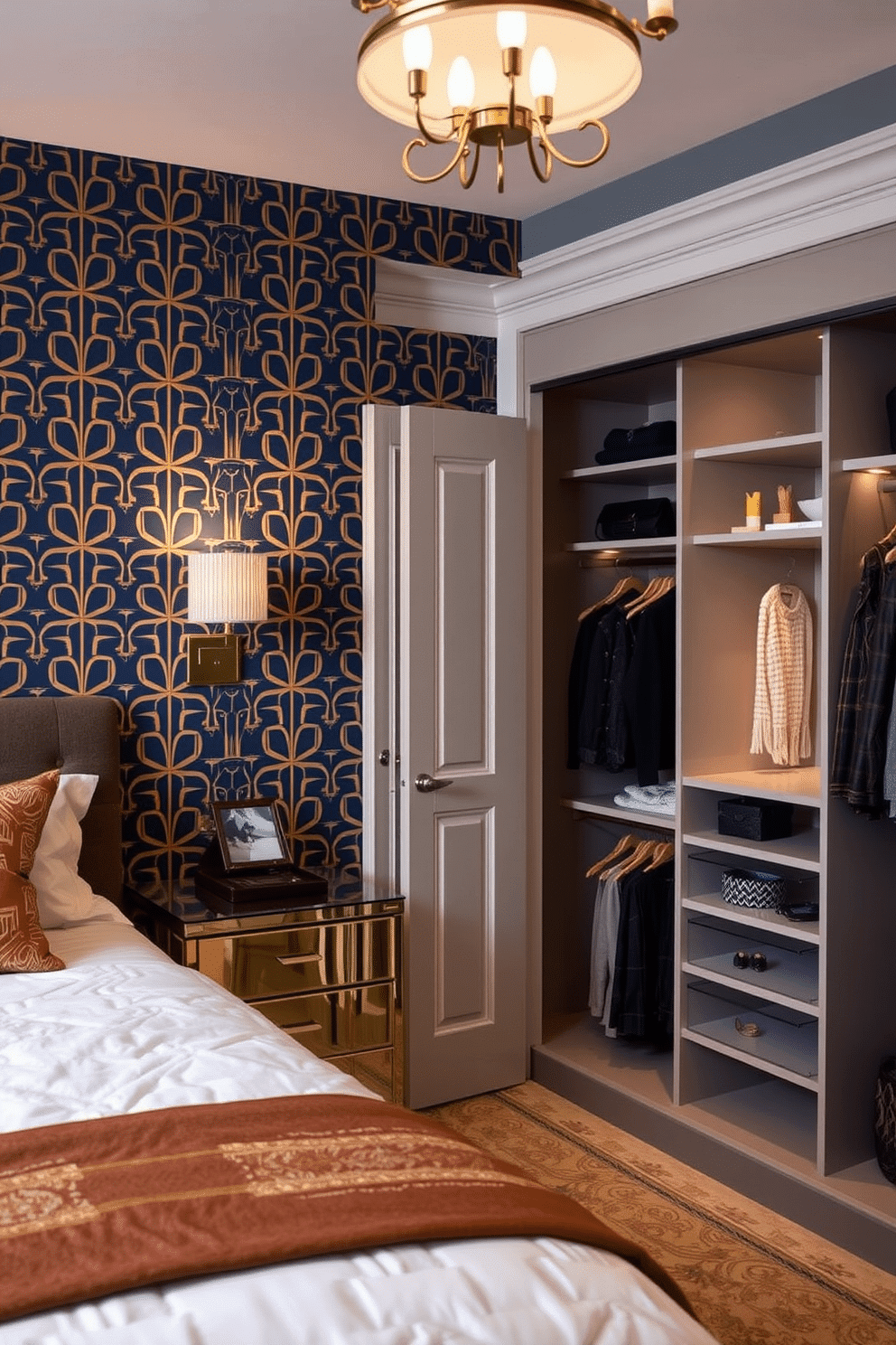 A chic bedroom features an accent wallpaper with a bold geometric pattern in rich navy and gold tones, creating a striking focal point. The elegant lighting fixtures add a touch of glamour, complementing the overall sophisticated aesthetic of the space. The walk-in closet is designed with custom shelving and hanging spaces, maximizing storage while maintaining a sleek appearance. Soft, ambient lighting highlights the organized layout, making it easy to select outfits in a luxurious setting.