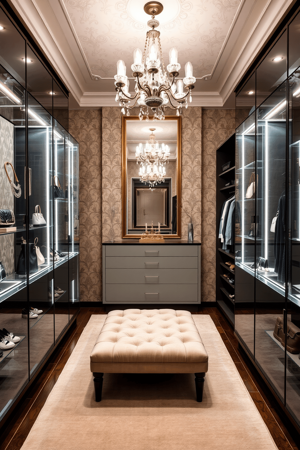 A luxurious walk-in closet featuring sleek glass display cases for accessories. The cases are illuminated with soft LED lighting, showcasing a curated collection of jewelry and handbags against a backdrop of elegant wallpaper. The spacious closet includes custom shelving for shoes and clothing, with a plush ottoman in the center for comfort. A large mirror reflects the sophisticated design, while a chandelier adds a touch of glamour to the space.