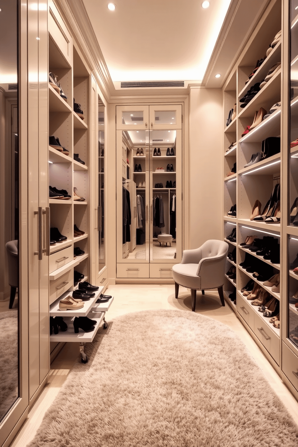 A luxurious walk-in closet featuring pull-out racks for easy shoe storage, ensuring effortless organization and access. The space is adorned with soft, ambient lighting and elegant cabinetry, creating a serene atmosphere for selecting footwear. The walls are painted in a soft beige, complemented by a plush area rug that adds warmth underfoot. Floor-to-ceiling mirrors reflect the stylish arrangement of shoes, while a cozy seating area invites relaxation and contemplation of outfit choices.