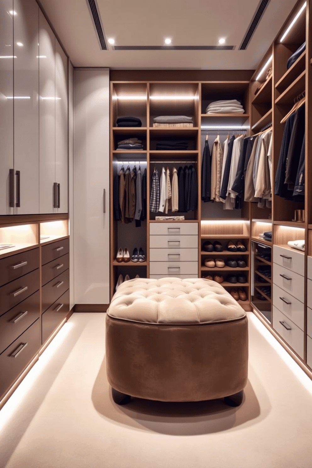 A stylish walk-in closet featuring hidden compartments for valuables. The design includes sleek cabinetry with discreet drawers and shelves, ensuring a clutter-free space while providing secure storage for jewelry and important items. The closet is illuminated by soft LED lighting, highlighting the elegant finishes of the cabinetry. A plush ottoman sits in the center, surrounded by organized racks for shoes and clothing, creating a luxurious and functional retreat.