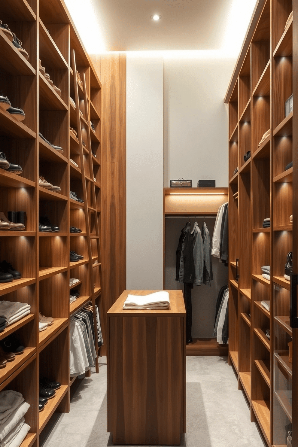 A modern walk-in closet designed for optimal vertical storage in a small space. Shelving units reach up to the ceiling, maximizing storage for shoes and accessories, while a sleek ladder provides access to the upper shelves. The closet features a combination of open and closed storage, with a stylish island in the center for folding clothes. Soft, ambient lighting illuminates the space, enhancing the rich wood finishes and organized layout.