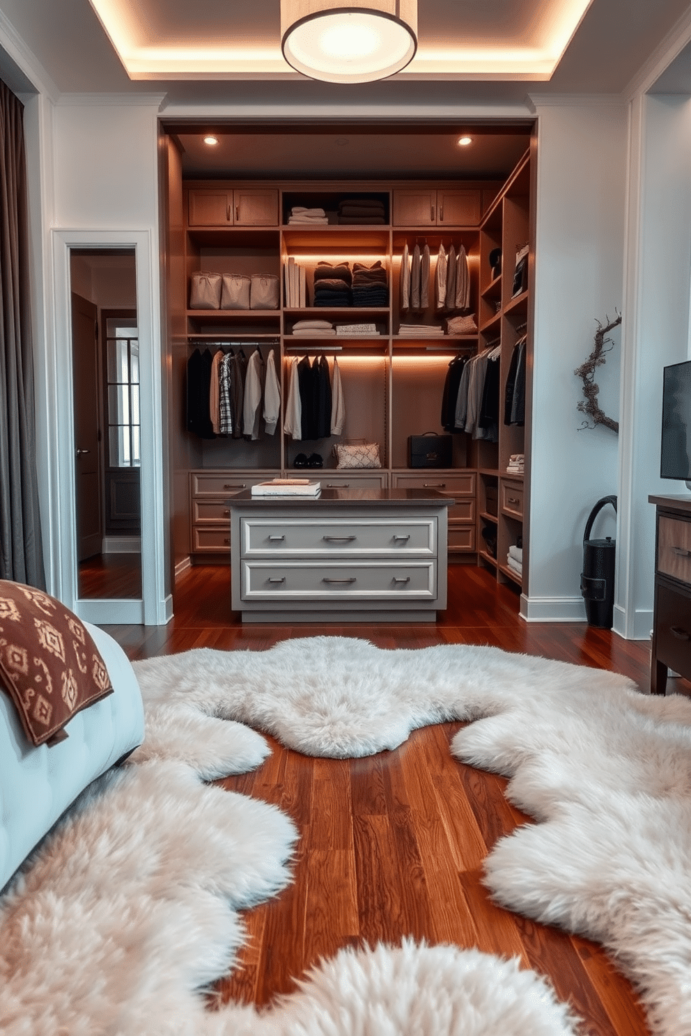 A cozy bedroom featuring soft, plush rugs that invite you to sink your feet into luxury. The rugs are layered over hardwood flooring, enhancing the warmth and comfort of the space. An elegant walk-in closet with custom shelving and soft lighting creates a serene dressing area. The design incorporates a central island with drawers for accessories, surrounded by organized hanging spaces for clothing.