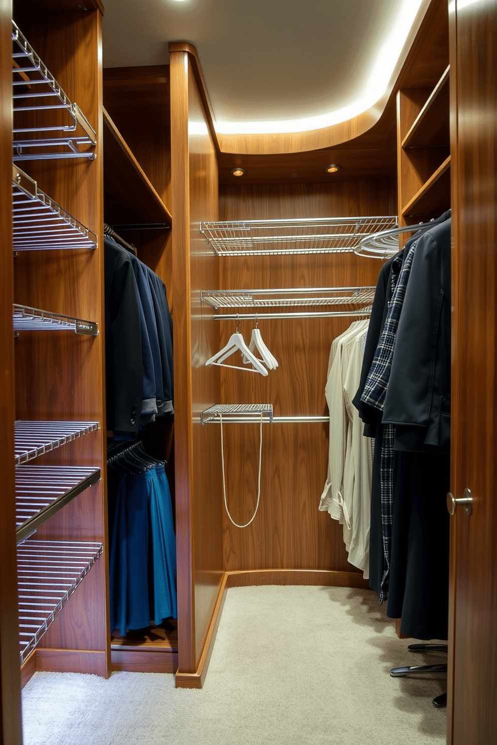 A luxurious walk-in closet featuring multi-tiered hanging rods that maximize vertical space for versatile storage. The rods are elegantly arranged to accommodate a variety of clothing lengths, complemented by soft LED lighting that highlights the rich wood finishes and plush carpeting.