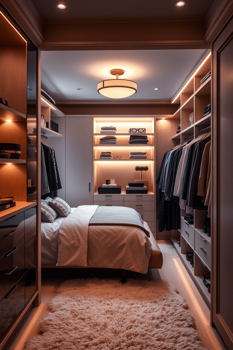 A warm and inviting bedroom walk-in closet featuring soft, ambient mood lighting that enhances the cozy atmosphere. The space is adorned with elegant shelving and hanging racks, showcasing a curated selection of clothing and accessories, while a plush area rug adds comfort underfoot.