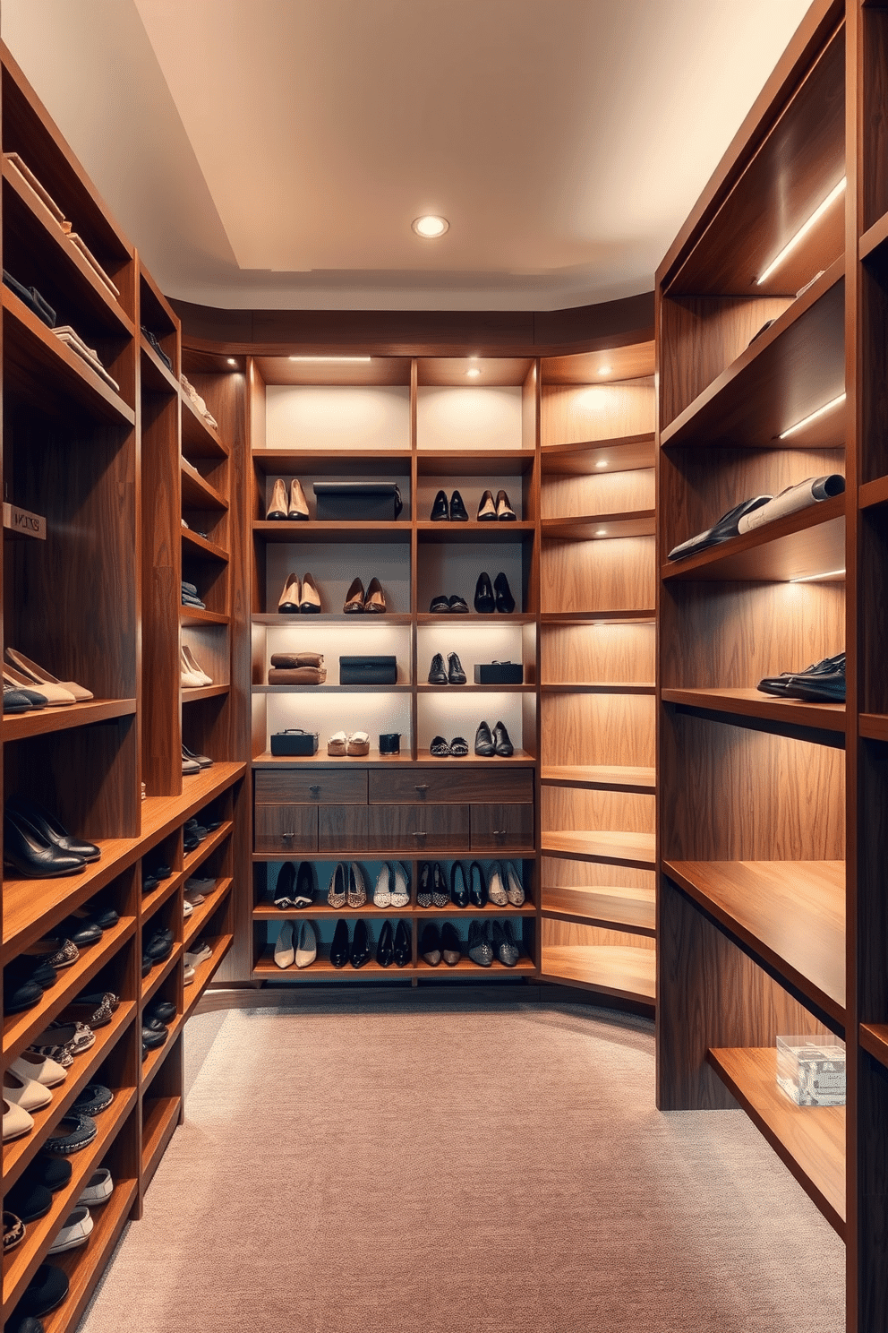 A spacious walk-in closet featuring floor-to-ceiling shelving that maximizes storage potential. The shelving is crafted from rich wood, offering a warm contrast to the soft, neutral wall color, while elegant lighting illuminates the space, highlighting the organized arrangement of shoes and accessories.