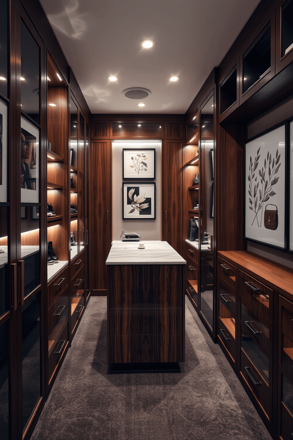 A luxurious bedroom walk-in closet featuring custom cabinetry in a rich walnut finish, with soft LED lighting illuminating the space. The closet includes a central island with a marble top, surrounded by organized shelves for shoes and handbags, and a full-length mirror mounted on one wall. Personalized artwork adorns the walls, showcasing a mix of abstract and botanical prints that reflect the homeowner's unique style. The artwork is framed in sleek black frames, creating a cohesive look that complements the elegant decor of the room.