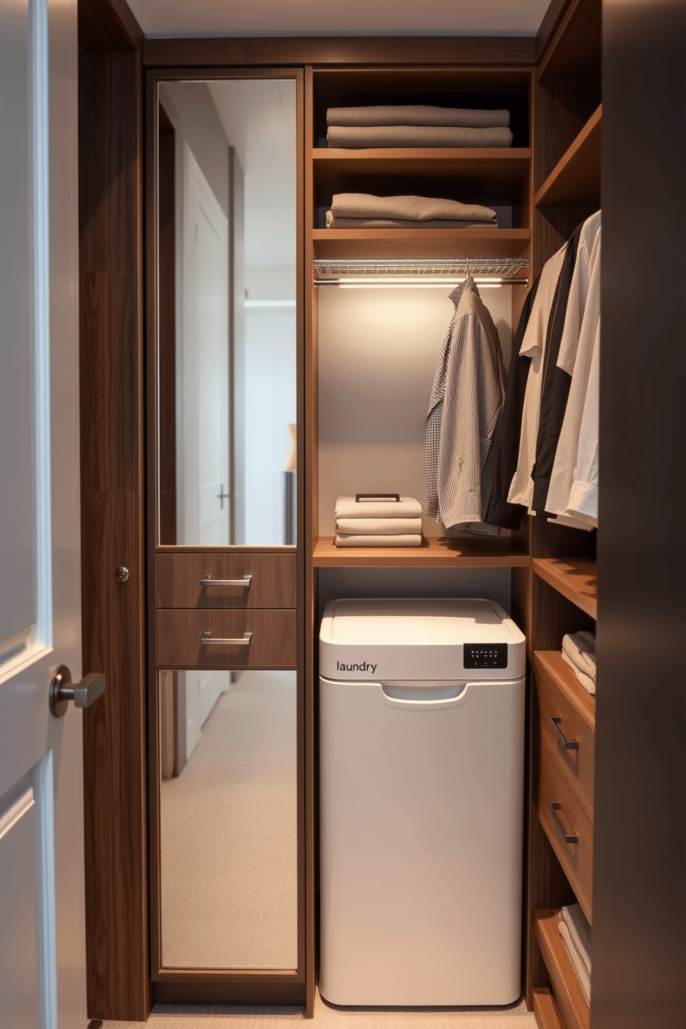 A stylish bedroom walk-in closet featuring an integrated laundry hamper for convenience. The closet includes custom shelving, ample hanging space, and a soft, ambient light illuminating the space, creating an organized and inviting atmosphere.