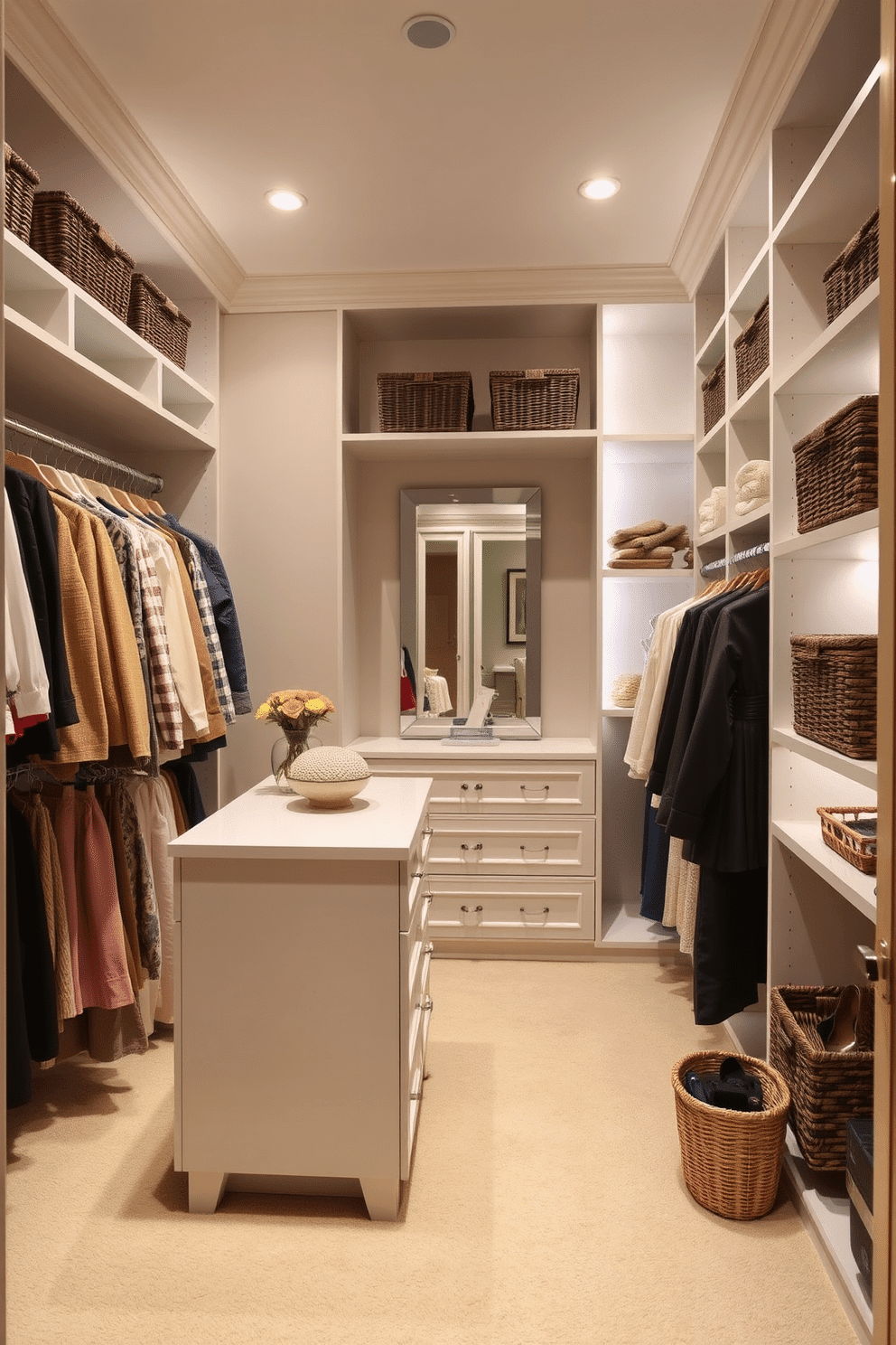 A stylish walk-in closet designed for seasonal storage features custom shelving and hanging space to accommodate off-season clothing. The walls are painted in a soft, neutral tone, and the flooring is a plush, light-colored carpet for comfort. Incorporate a central island with drawers for accessories and a full-length mirror to enhance functionality. Ambient lighting highlights the organized shelves, while decorative baskets add a touch of elegance to the overall design.