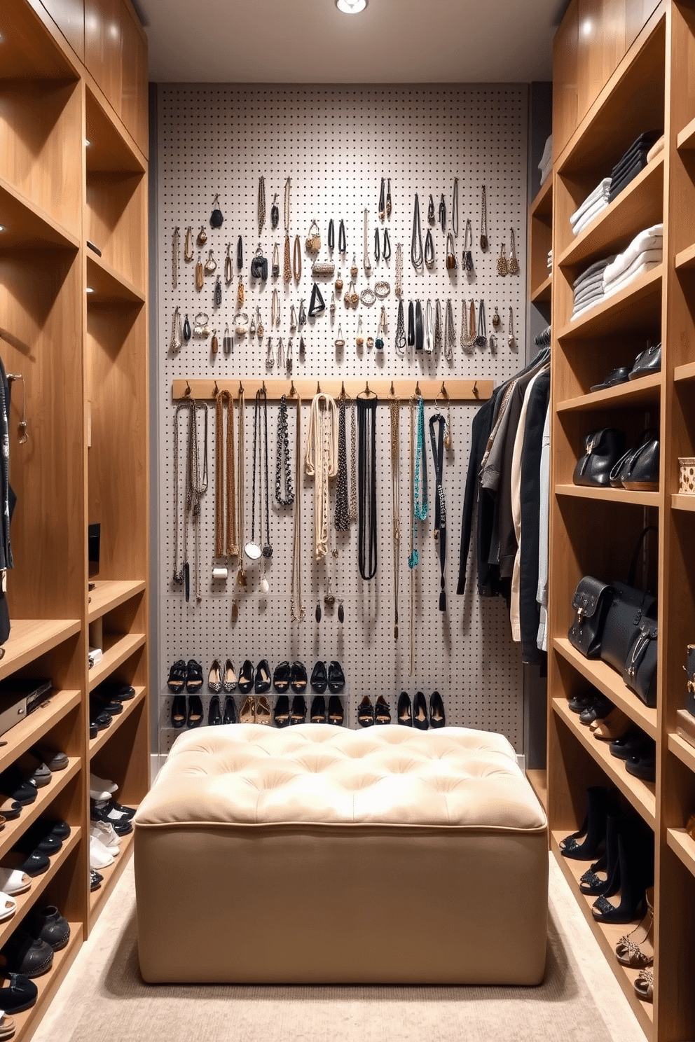 A stylish walk-in closet featuring a pegboard wall for organizing accessories and jewelry. The pegboards are adorned with hooks and small shelves, showcasing a variety of necklaces, bracelets, and earrings, while the rest of the closet is filled with neatly arranged shoes and handbags. The closet design includes a plush ottoman in the center for seating, surrounded by soft, ambient lighting. Elegant wooden shelving complements the pegboards, providing additional space for folded clothes and personal items, all set against a calming color palette.