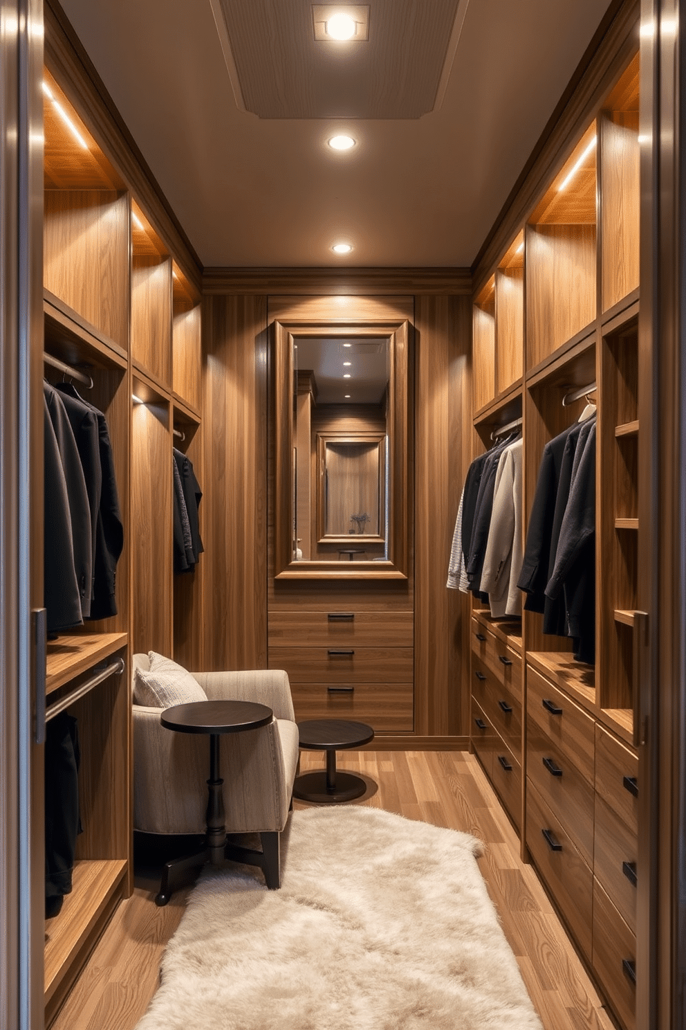 A luxurious walk-in closet featuring natural wood finishes that create a warm and inviting atmosphere. The space is designed with custom shelving and hanging rods, complemented by soft ambient lighting that highlights the rich tones of the wood. Incorporated into the design are a plush seating area with a cozy armchair and a small side table, perfect for relaxing while choosing outfits. A large mirror with a wooden frame adds elegance, while the floor is adorned with a soft area rug that enhances the overall comfort of the space.