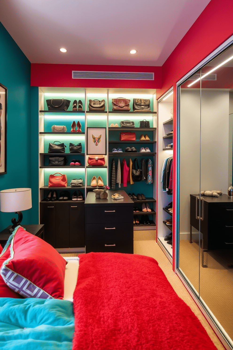 A vibrant bedroom featuring colorful accent walls in shades of teal and coral, creating a lively atmosphere. The room is adorned with playful artwork and plush cushions that complement the bold colors. A spacious walk-in closet designed with sleek, modern shelving and a central island for accessories. Soft, ambient lighting highlights the organized display of shoes and handbags, while a full-length mirror adds functionality and elegance.