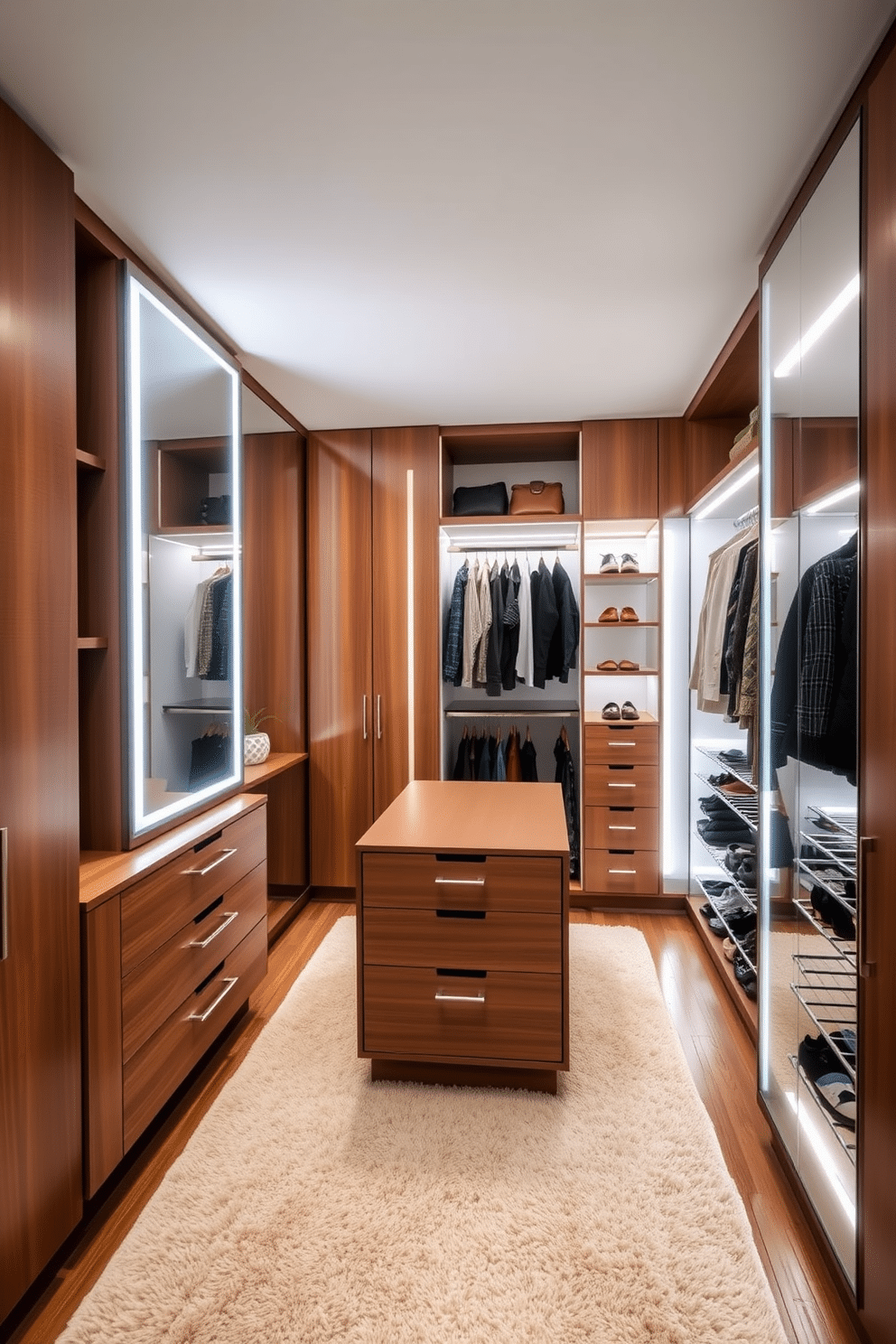 A modern bedroom walk-in closet features smart mirrors with built-in lighting that illuminate the space while providing a sleek, high-tech look. The walls are lined with custom cabinetry in a rich wood finish, and a plush area rug adds warmth underfoot. The closet includes a central island with drawers for accessories, surrounded by organized shelving for shoes and bags. Soft LED lighting highlights the clothing racks, creating an inviting atmosphere for dressing and storage.