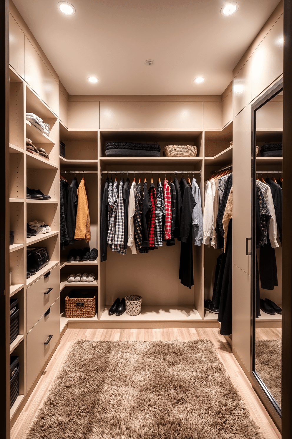 Customizable modular units designed for flexibility. The space features adjustable shelving and hanging rods, allowing for personalized organization and easy access to clothing and accessories. The walk-in closet is illuminated by recessed lighting, creating a bright and inviting atmosphere. A plush area rug adds warmth, while a full-length mirror enhances the sense of space and style.