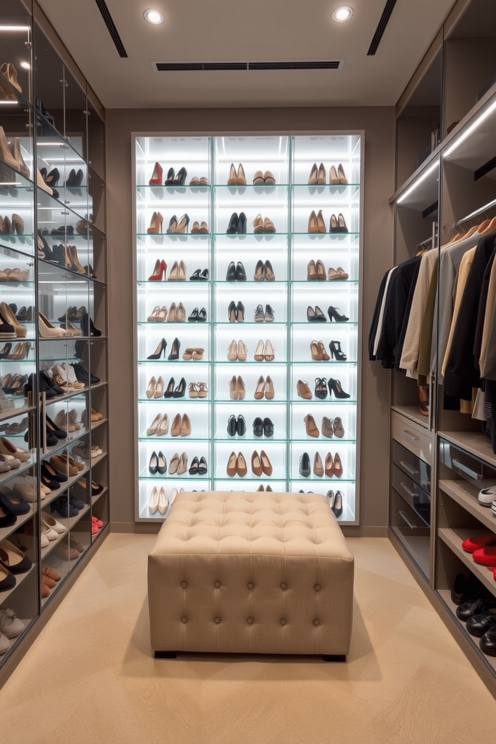 A stylish shoe wall features clear acrylic boxes that allow for easy visibility of each pair, neatly arranged by color and style. The wall is accented with soft LED lighting that highlights the collection, creating an elegant focal point in the space. The walk-in closet is designed with custom shelving and hanging spaces, maximizing storage while maintaining a chic aesthetic. A plush ottoman sits in the center, providing a comfortable spot for dressing, surrounded by mirrors that enhance the sense of space.