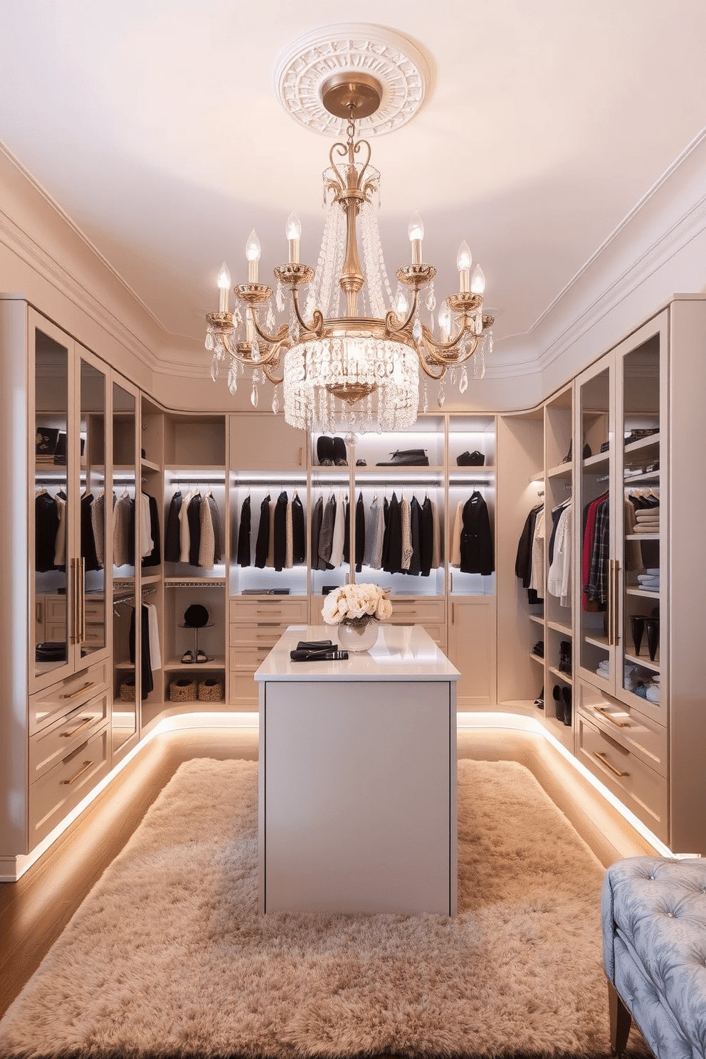 An elegant chandelier hangs gracefully from the ceiling, its crystal accents reflecting light and creating a warm ambiance in the room. Below, a plush area rug complements the soft color palette, enhancing the luxurious feel of the space. The walk-in closet features custom cabinetry with sleek finishes, providing ample storage for clothing and accessories. Soft LED lighting illuminates the space, highlighting a stylish island in the center for folding and organizing items.