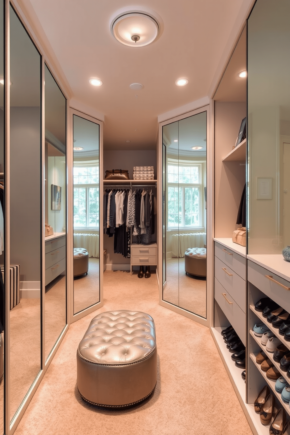 A luxurious walk-in closet featuring mirrored doors that reflect natural light, creating an airy and spacious atmosphere. The design includes custom shelving and hanging space, with elegant lighting fixtures illuminating the room. Soft neutral tones dominate the palette, complemented by plush carpeting underfoot. Accessories such as a stylish ottoman and organized shoe racks add functionality and sophistication to the space.