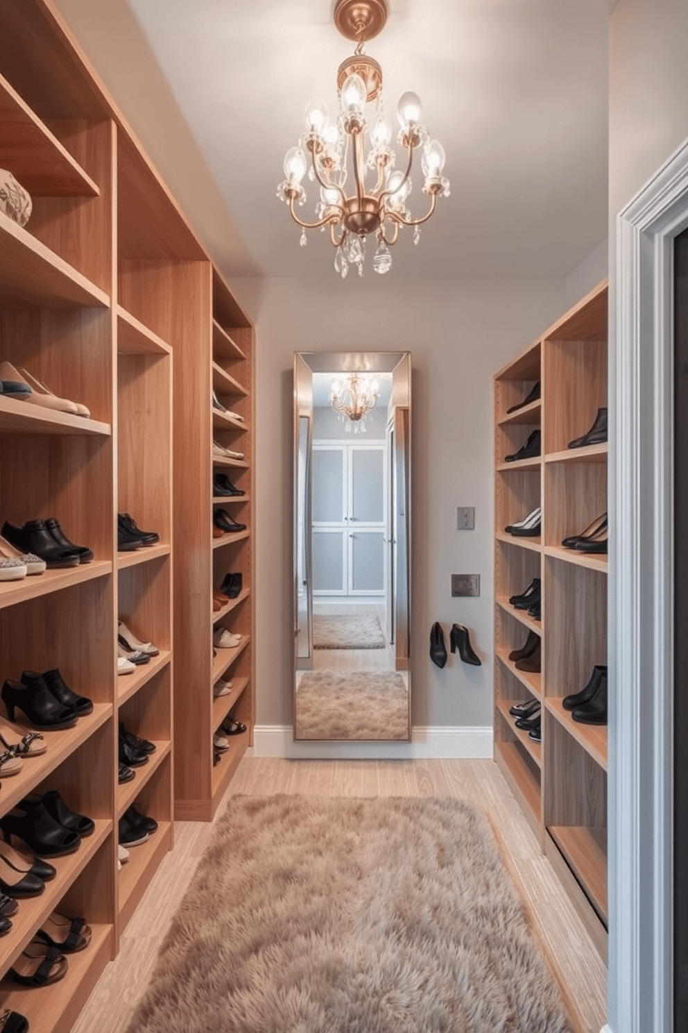 A stylish walk-in closet features open shelving for easy access to shoes, allowing for an organized and visually appealing display. The shelves are crafted from light wood, creating a warm contrast against the soft gray walls, while a plush area rug adds comfort underfoot. Incorporating a full-length mirror enhances the functionality of the space, reflecting light and making the closet feel more expansive. Elegant lighting fixtures, such as a chandelier, provide a touch of luxury while illuminating the carefully arranged footwear collection.