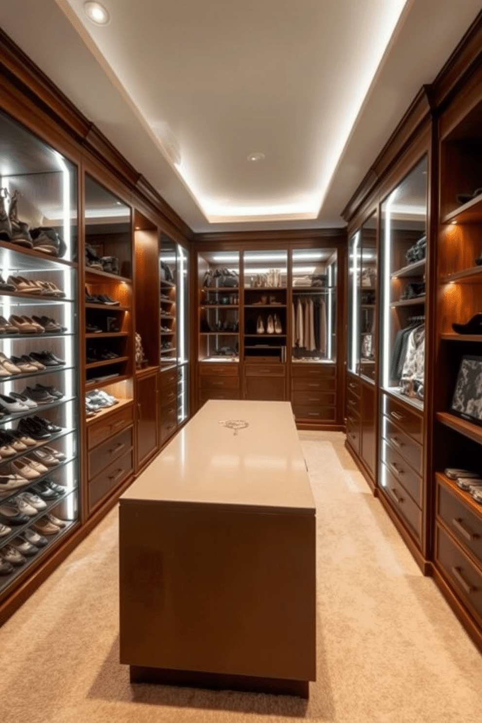 A luxurious walk-in closet featuring built-in lighting that illuminates dark corners, creating a warm and inviting atmosphere. The space includes custom shelving for shoes and accessories, with elegant mirrors reflecting the soft glow of the lights. The closet is designed with rich wood cabinetry and plush carpeting underfoot, enhancing the overall comfort and style. A central island provides additional storage and serves as a perfect spot for displaying jewelry and other personal items.