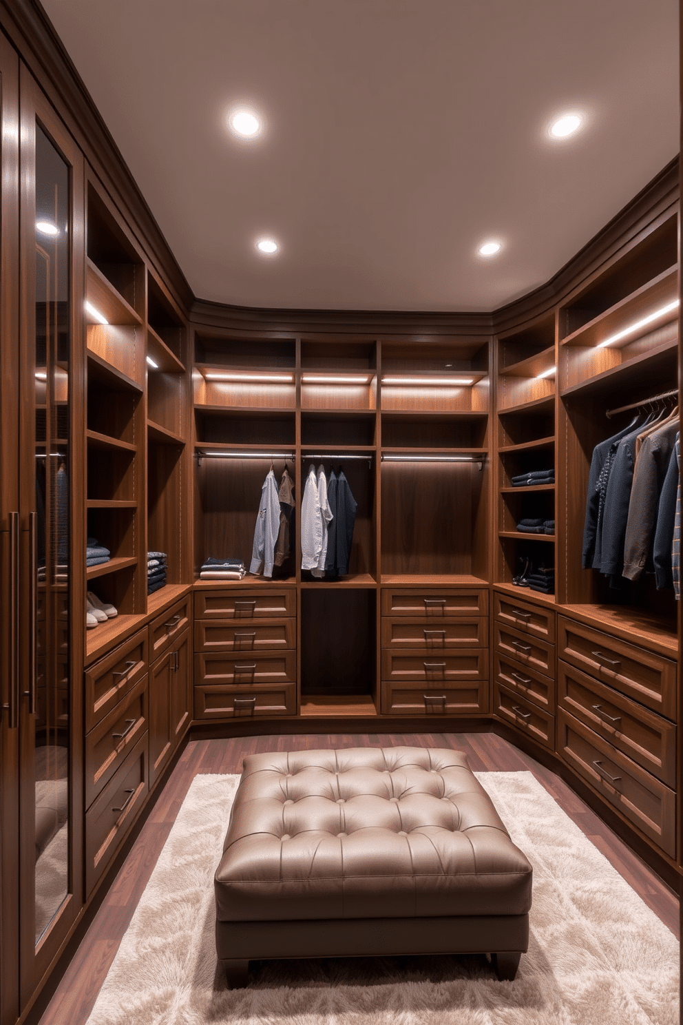 A luxurious walk-in closet featuring custom cabinetry designed for personalized organization. The cabinetry includes a mix of open shelving and closed drawers, finished in a rich walnut stain, creating a warm and inviting atmosphere. Soft, ambient lighting highlights the elegant design, with LED strips integrated into the shelves. A plush area rug in a muted color complements the space, while a stylish ottoman provides a comfortable seating area for dressing.