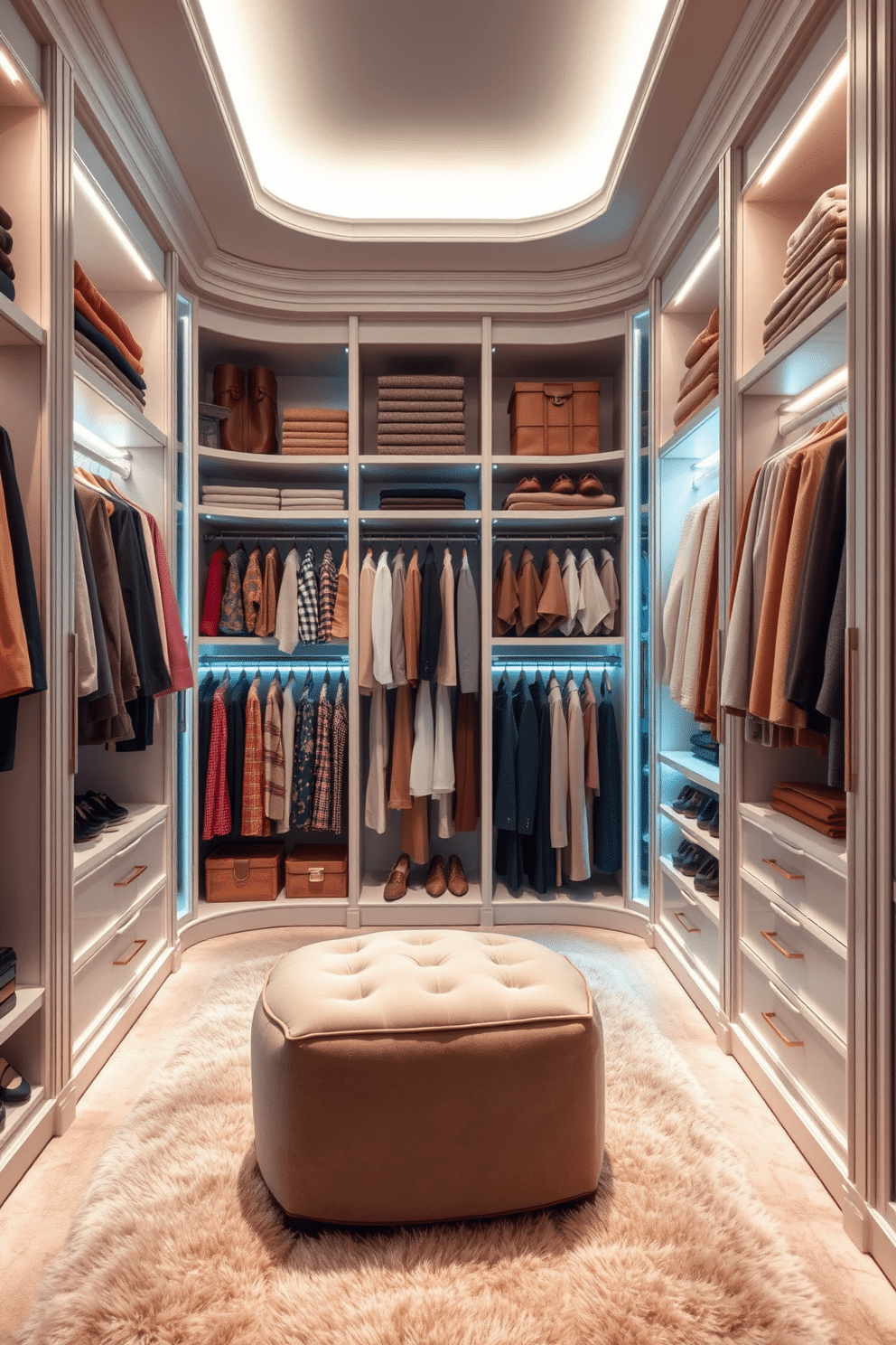 A luxurious walk-in closet featuring color-coded clothing sections for easy selection. The walls are lined with elegant shelving units, showcasing neatly arranged garments in shades of pastel and earth tones. Soft, ambient lighting illuminates the space, highlighting the rich textures of the fabrics. A plush area rug adds warmth underfoot, while a stylish ottoman provides a comfortable seating area for dressing.