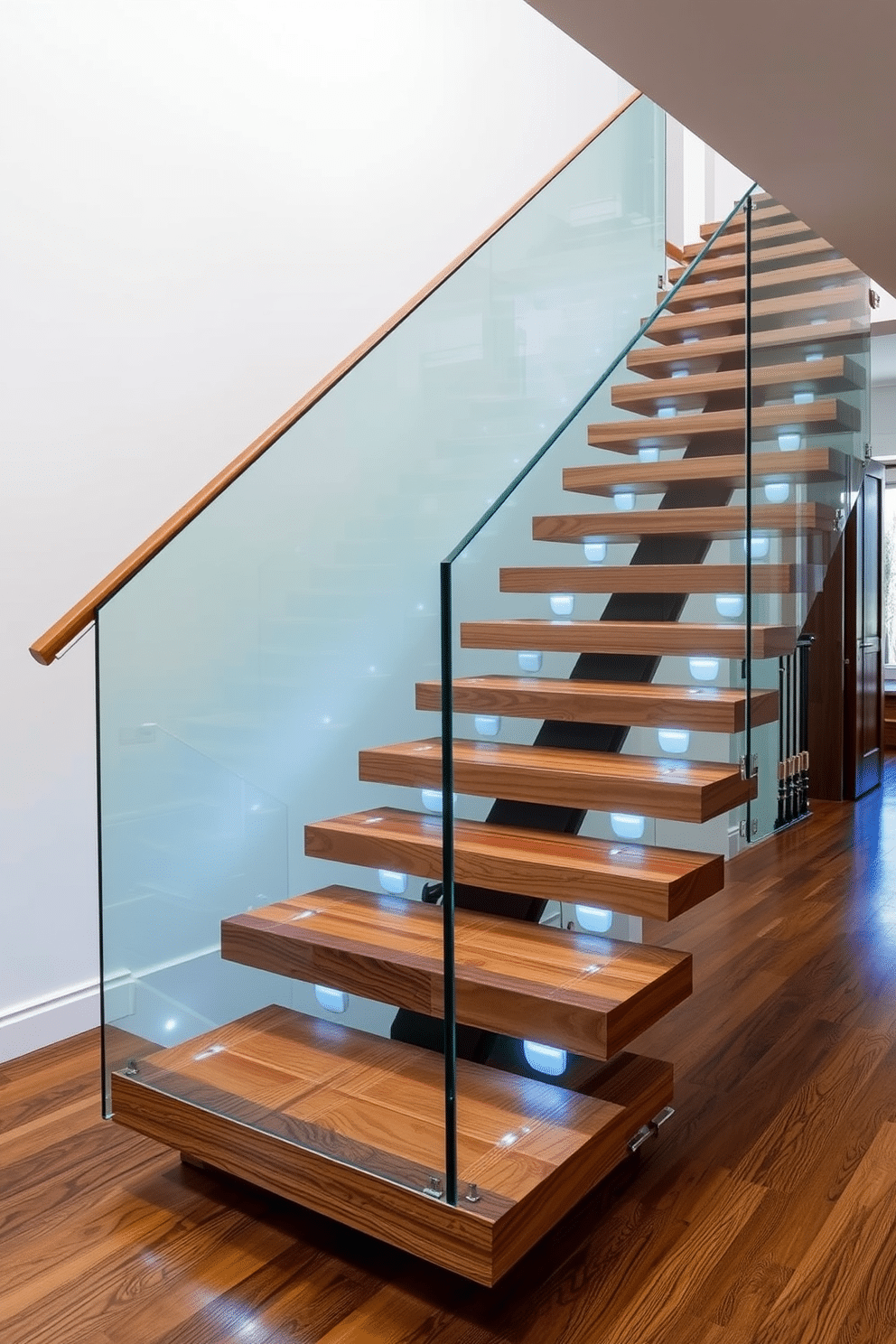 A stunning staircase featuring floating wooden treads that seamlessly blend into a modern space, complemented by a sleek glass railing that provides an unobstructed view. The treads are crafted from rich hardwood, showcasing natural grain patterns, while the glass railing adds an airy feel and enhances the overall elegance of the design. This bespoke staircase design incorporates unique elements such as LED lighting embedded in the treads, illuminating the steps for both safety and aesthetic appeal. The overall structure is tailored to the home’s interior style, harmonizing with surrounding decor and creating a striking focal point in the entryway.