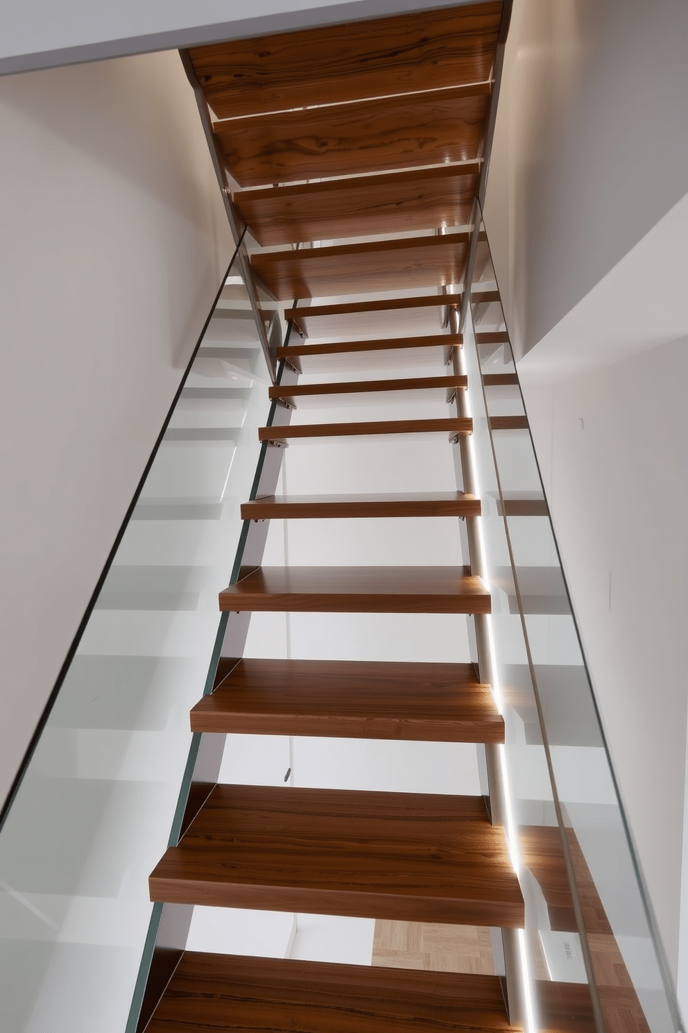 A striking cantilevered staircase features a sleek metal framework that seamlessly blends modern aesthetics with structural integrity. The treads appear to float effortlessly, creating an illusion of space and light in the surrounding area. This bespoke staircase design incorporates custom elements such as integrated LED lighting along the edges and a glass railing that enhances visibility. The combination of materials, including polished wood and brushed steel, adds a touch of elegance to the overall design.