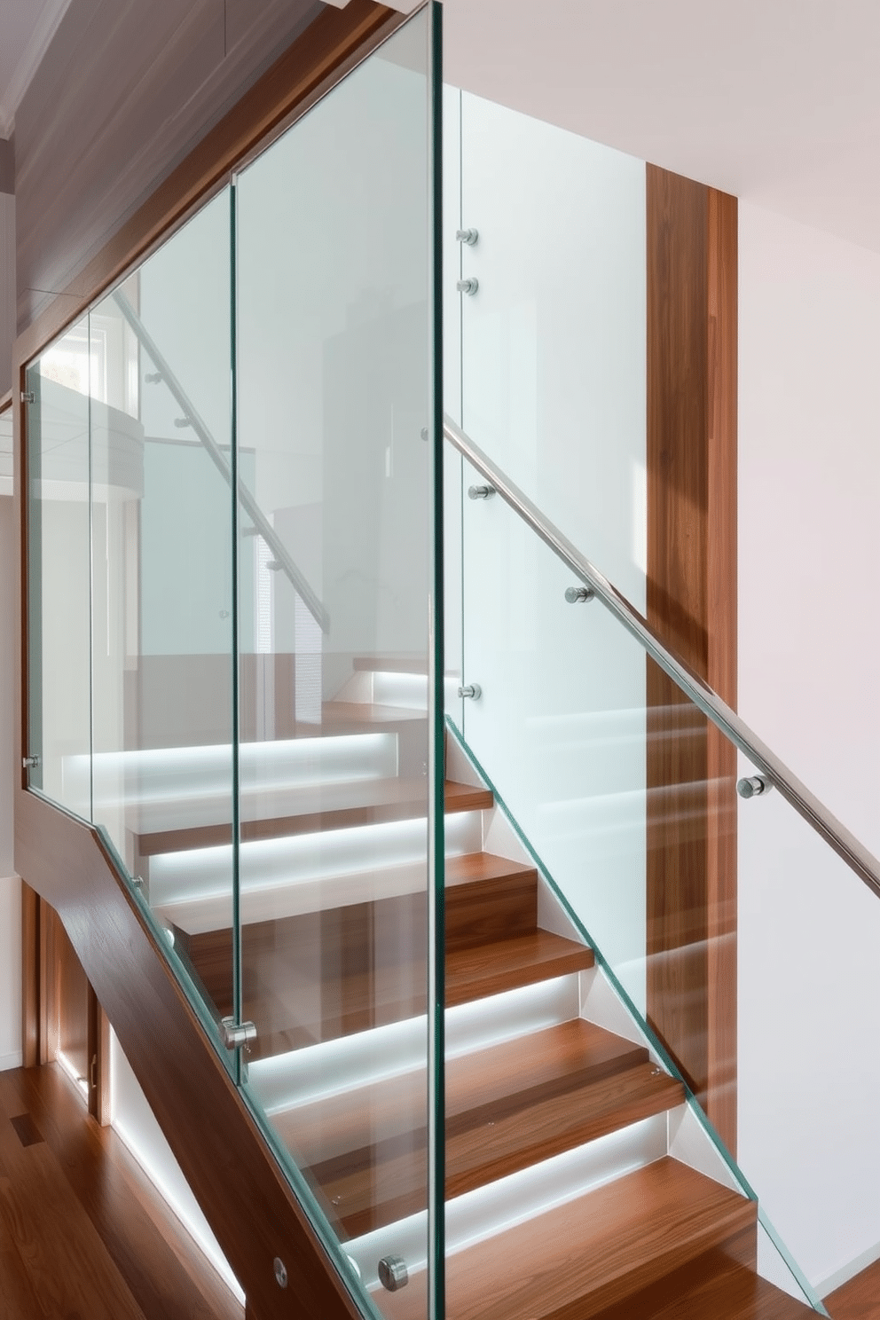 A modern staircase featuring sleek glass side panels that allow natural light to flow through, creating an airy and open atmosphere. The steps are made from rich, dark wood, contrasting beautifully with the transparent glass, while a minimalist metal railing adds a touch of elegance. Bespoke staircase design ideas include unique geometric shapes and custom finishes that reflect the homeowner's personal style. Incorporating LED lighting beneath the treads enhances the visual appeal and creates a dramatic effect in the evening.