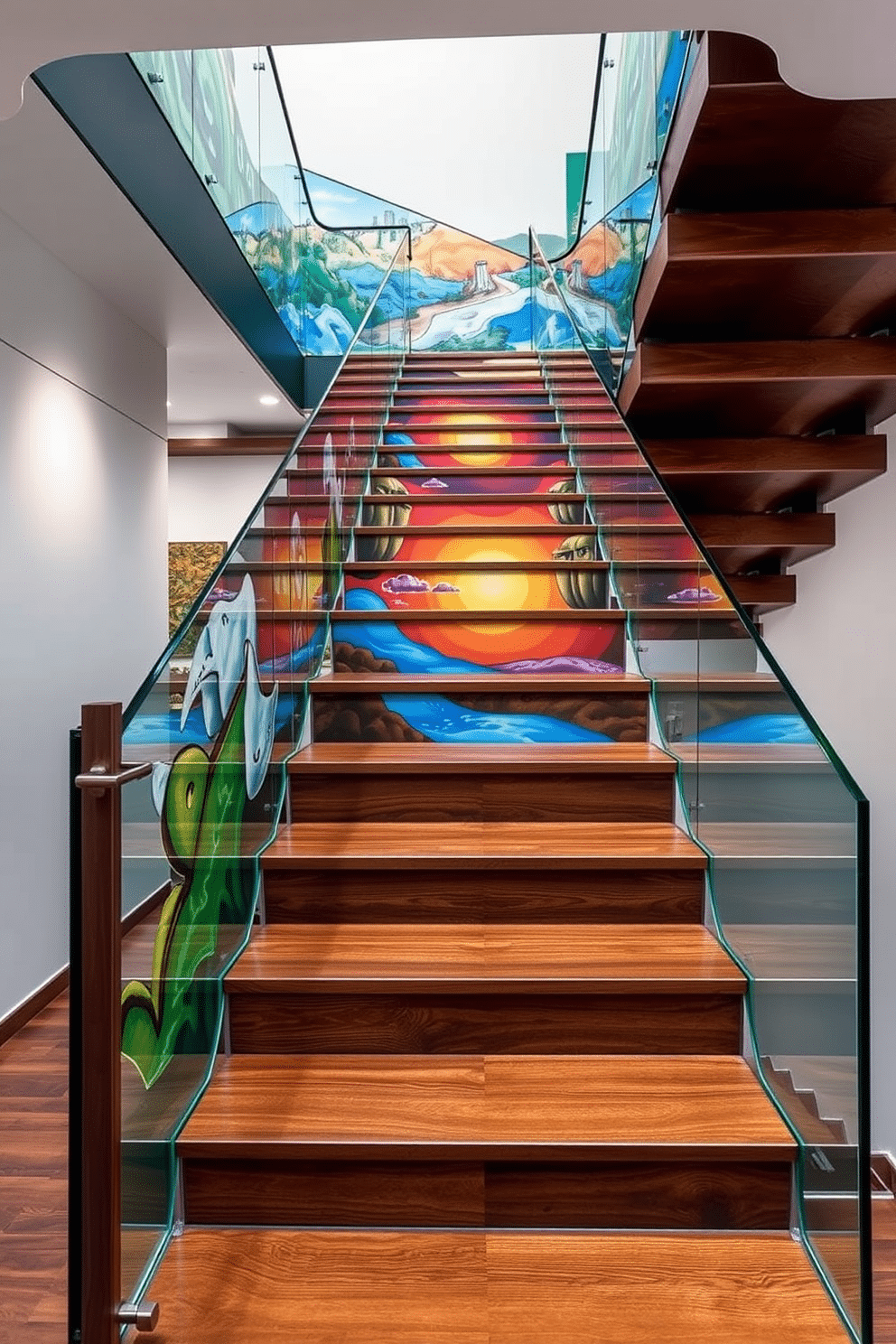 Artistic staircase featuring custom artwork design. The staircase is adorned with a series of unique, hand-painted murals that flow seamlessly along the railing, creating a visual narrative as you ascend. Bespoke staircase design ideas. The steps are crafted from rich, dark wood, complemented by a sleek glass balustrade that enhances the modern aesthetic while allowing the artwork to take center stage.