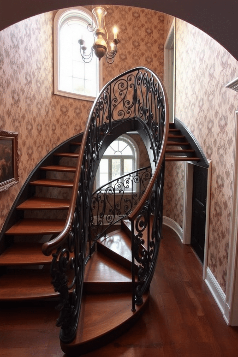 A vintage spiral staircase with intricate detailing ascends gracefully, its ornate ironwork and polished wooden steps creating a stunning focal point in the entryway. The surrounding walls are adorned with vintage wallpaper, and a soft chandelier hangs above, casting a warm glow on the staircase's elegant curves. Bespoke staircase design ideas emphasize personalized craftsmanship, featuring unique materials and finishes tailored to the homeowner's style. Incorporating elements like glass panels or custom railings can transform a standard staircase into a breathtaking architectural feature.